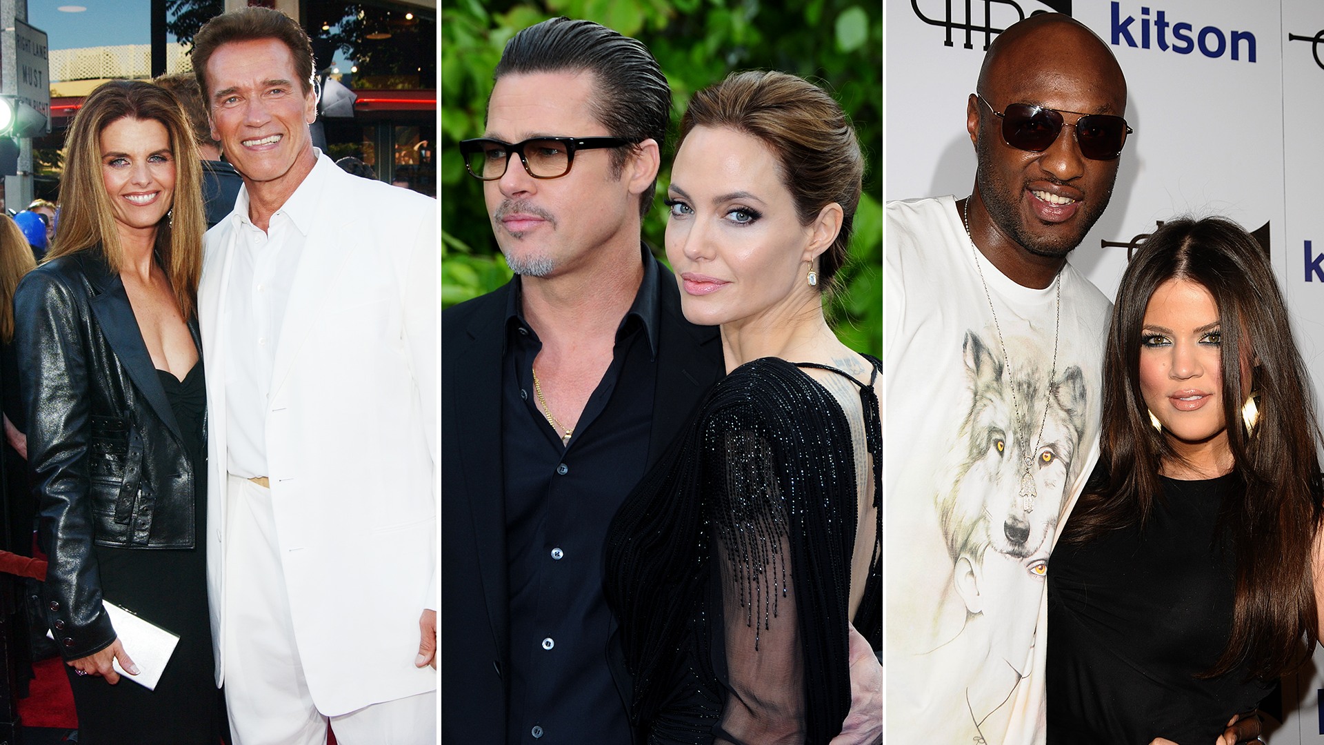 split image showing Maria Shriver & Arnold Schwarzenegger, Brad Pitt & Angelina Jolie, and Lamar Odom & Khloe Kardashian