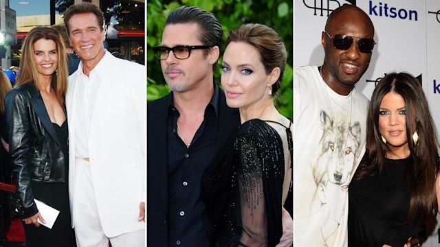 split image showing Maria Shriver & Arnold Schwarzenegger, Brad Pitt & Angelina Jolie, and Lamar Odom & Khloe Kardashian