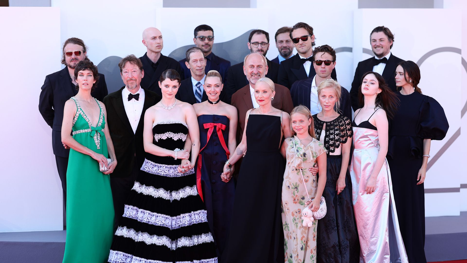 Brady Corbet, Celia Rowlson-Hall, Scott Handy, Daniel Blumberg, Thomasin McKenzie, Tim Blake Nelson, Amanda Seyfried, David Cale, Andrew Morrison, Mona Fastvold, Adelaide James Fastvold Corbet, Jamie Bogyo, Maria Sand, Viola Prettejohn and Stacy Martin attend "The Testament Of Ann Lee" red carpet during the 82nd Venice International Film Festival on September 01, 2025 in Venice, Italy.