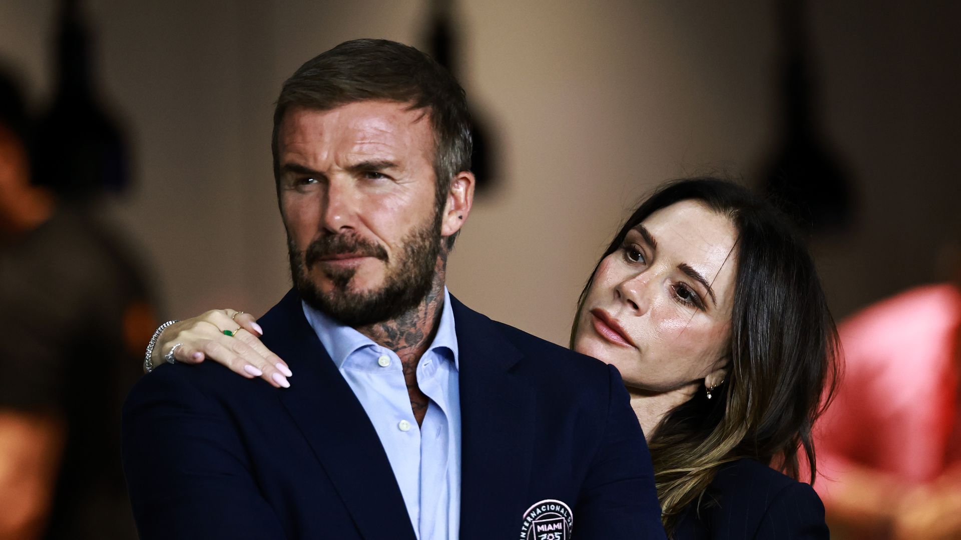 FORT LAUDERDALE, FLORIDA - OCTOBER 24: David Beckham, co-owner of Inter Miami CF, and Victoria Beckham, attend the 2025 MLS Cup Playoff match between Inter Miami CF and Nashville SC  at Chase Stadium on October 24, 2025 in Fort Lauderdale, Florida.  (Photo by Carmen Mandato/Getty Images)