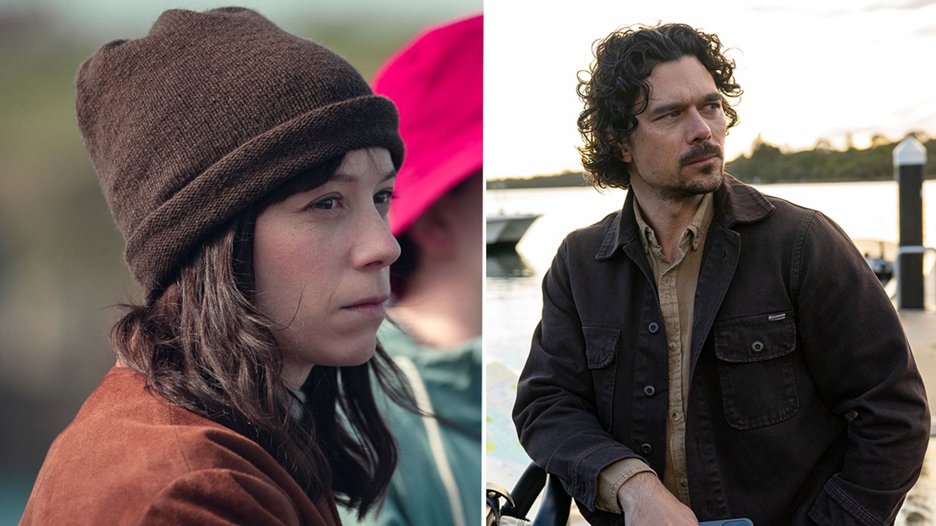 close-up of woman in hat, close up of man holding phone by body of water