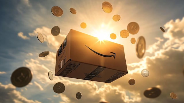 An Amazon box flying through the air with gold coins