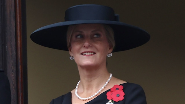 Sophie, Duchess of Edinburgh smiles as she stands from the balcony during the National Service of Remembrance at The Cenotaph on November 10, 2024 in London, England.  Each year members of the British Royal Family join politicians, veterans and members of the public to remember those who have died in combat.