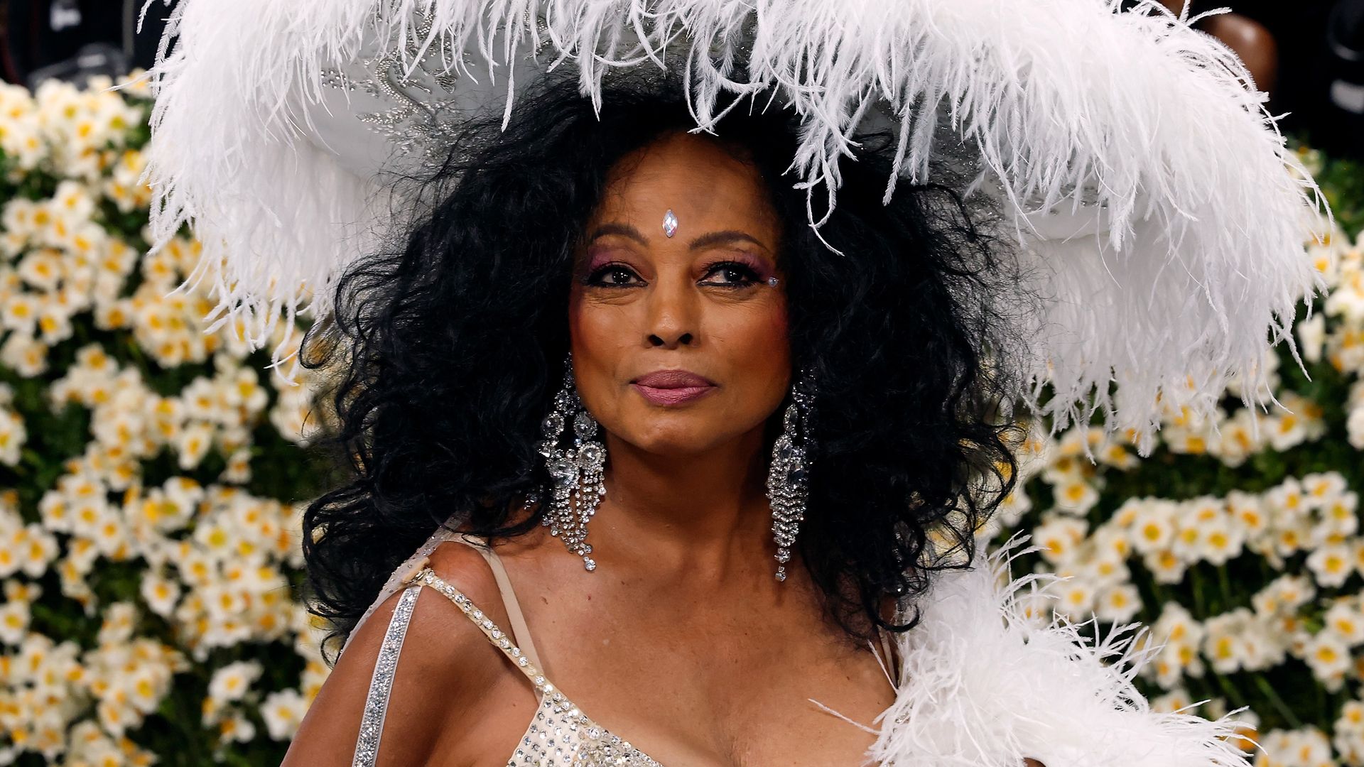 diana ross in sequin dress and white fluffy head piece met gala