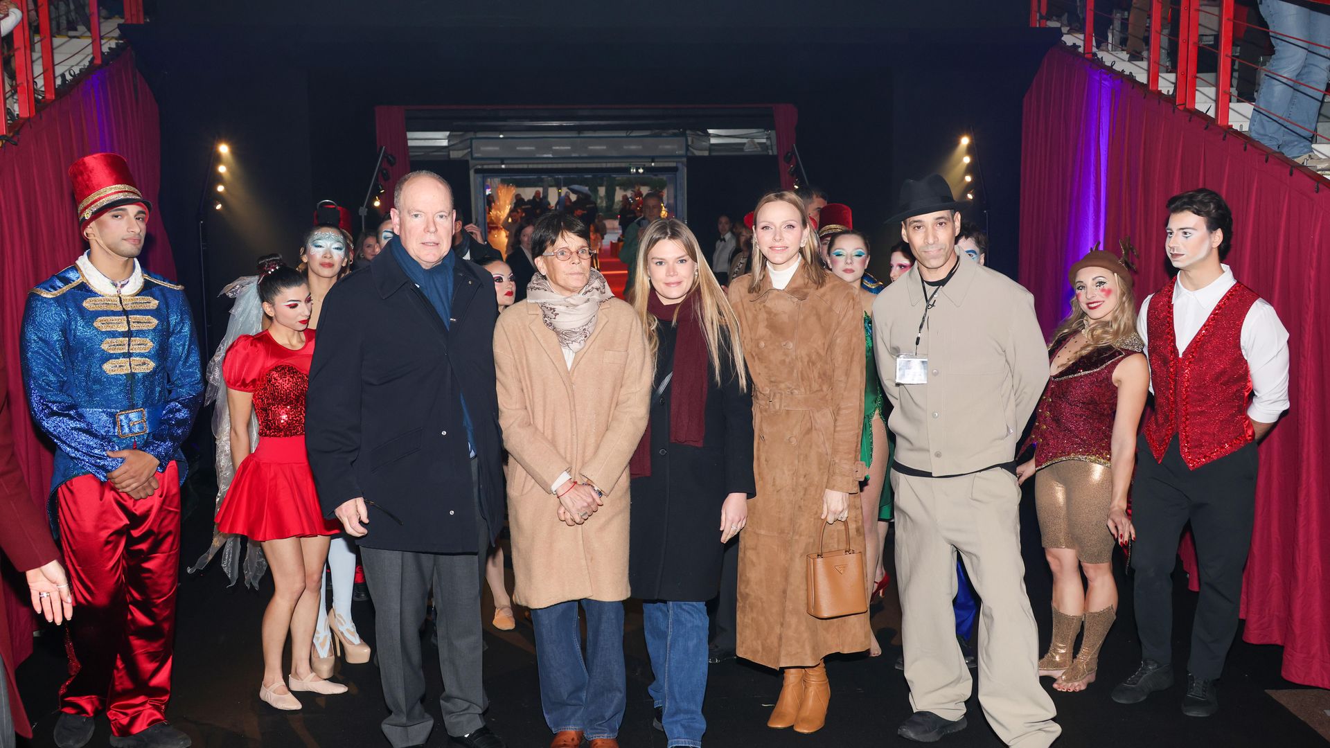 Prince Albert, Princess Stephanie, Camille Gottlieb and Princess Charlene at the entrance of a circus