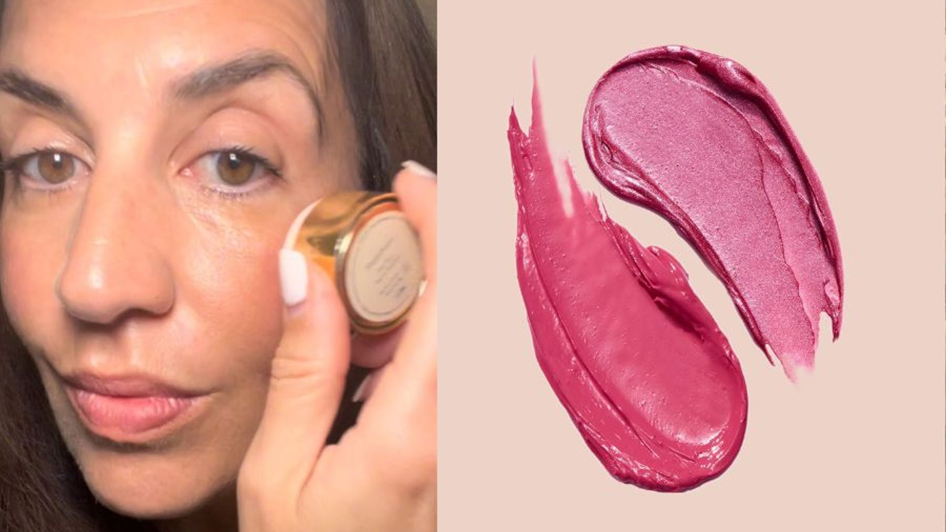 Split screen of a woman applying blusher next to two pink smears of blusher