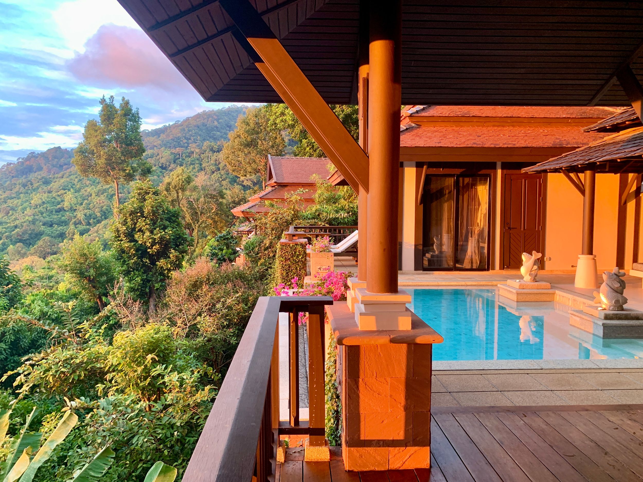 pool deck and mountain view at hotel in thailand