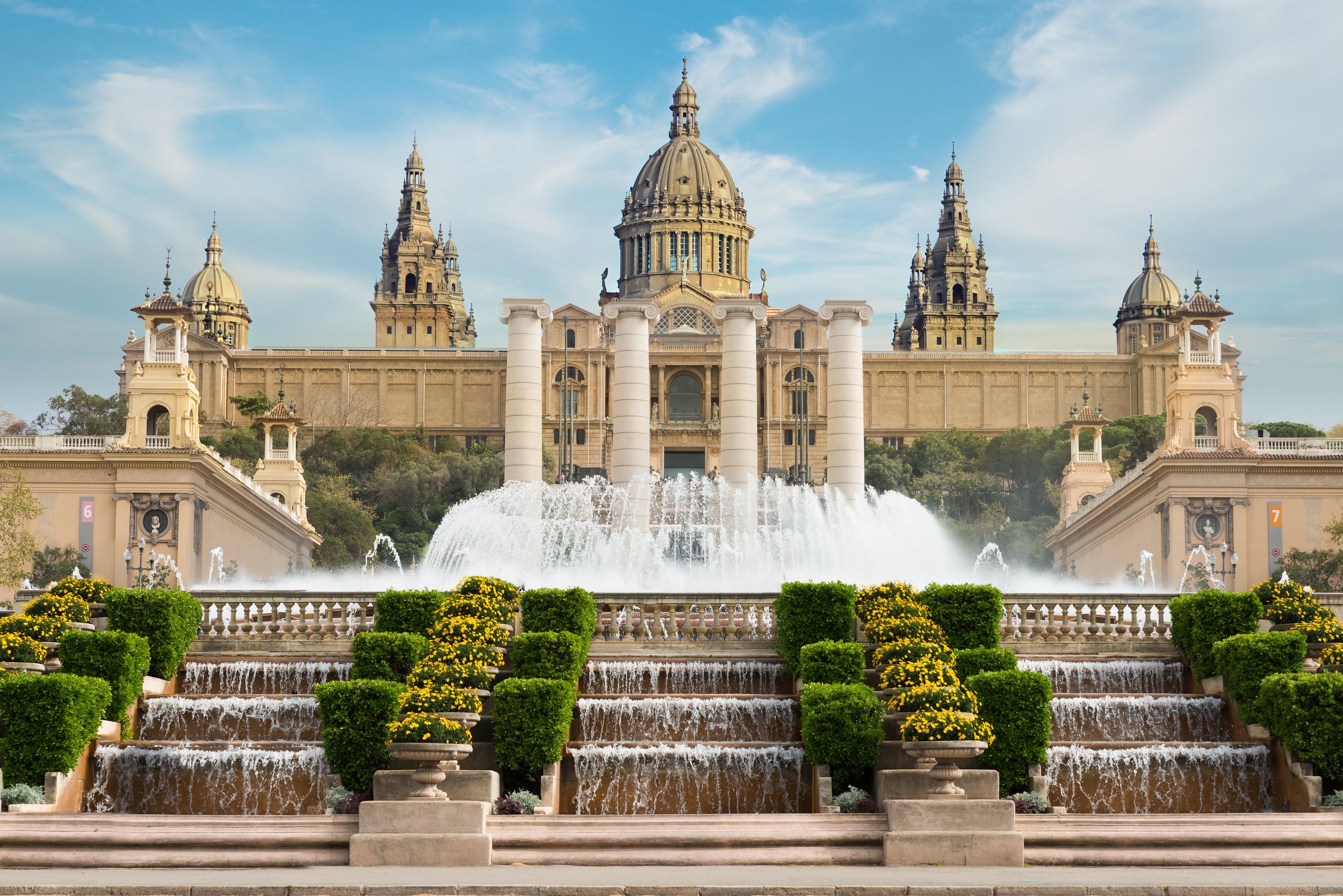 Barcelona Placa De Espanya, the National Museum with magic fountain in afternoon at Barcelona. 