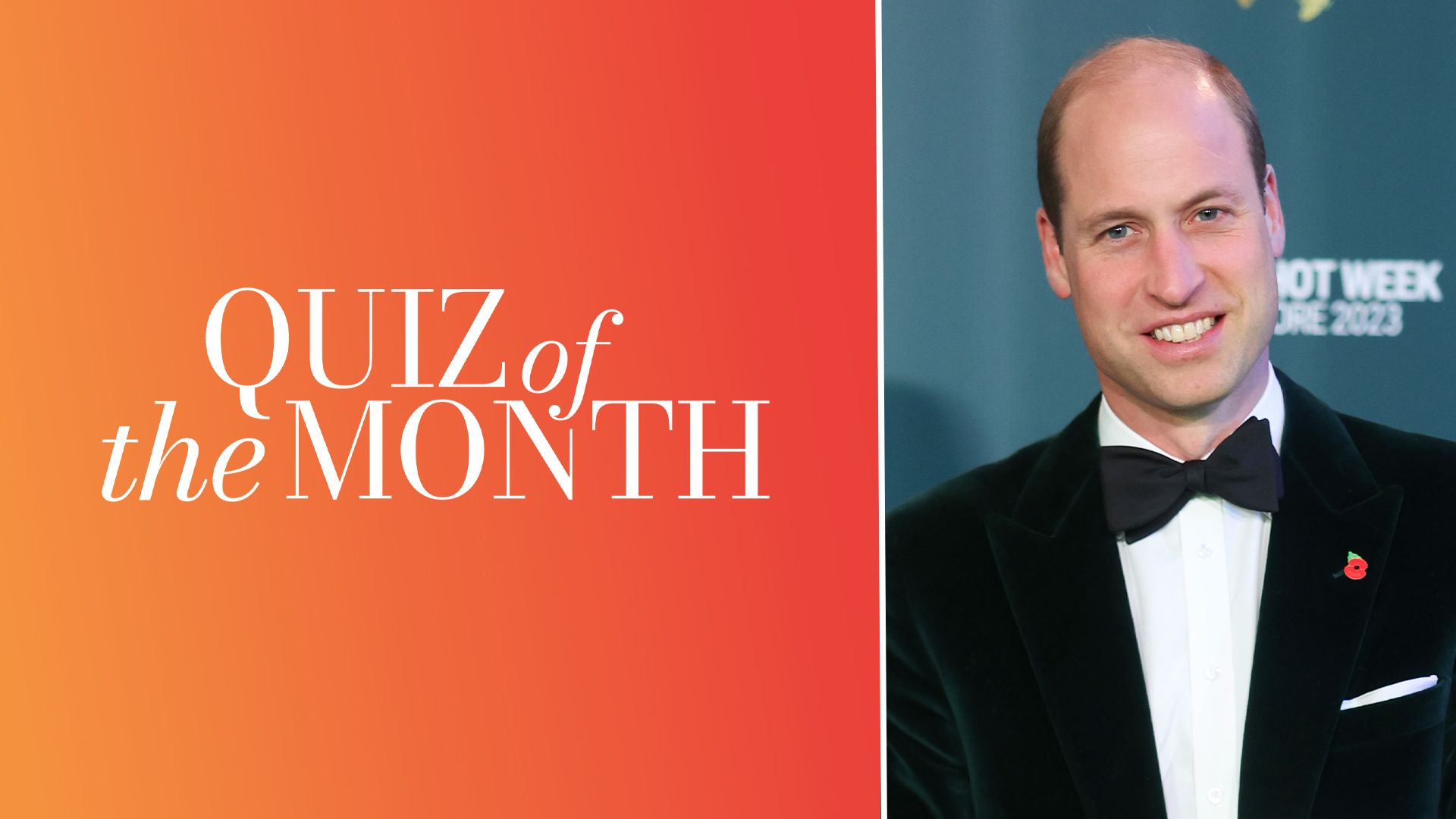 Smiling Prince William in a tuxedo and Quiz of the Month logo