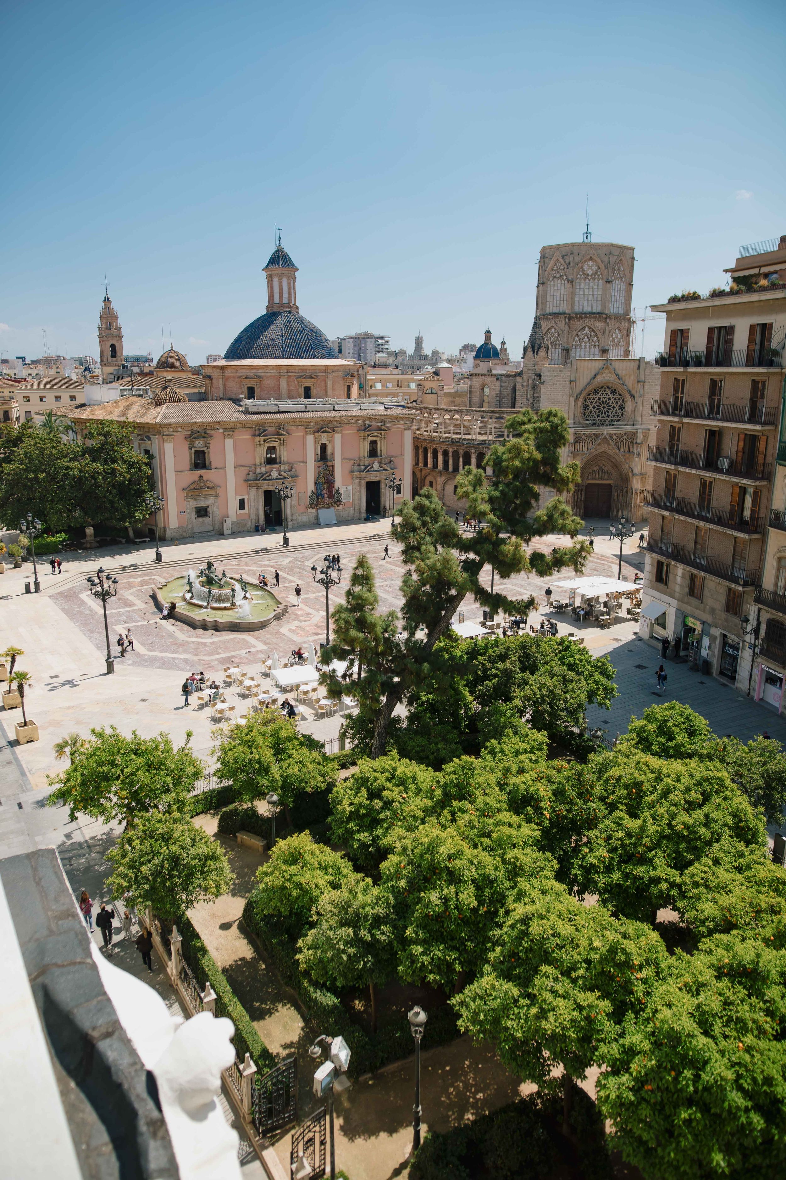 terrace view over plaza and fountain in Valencia, spain