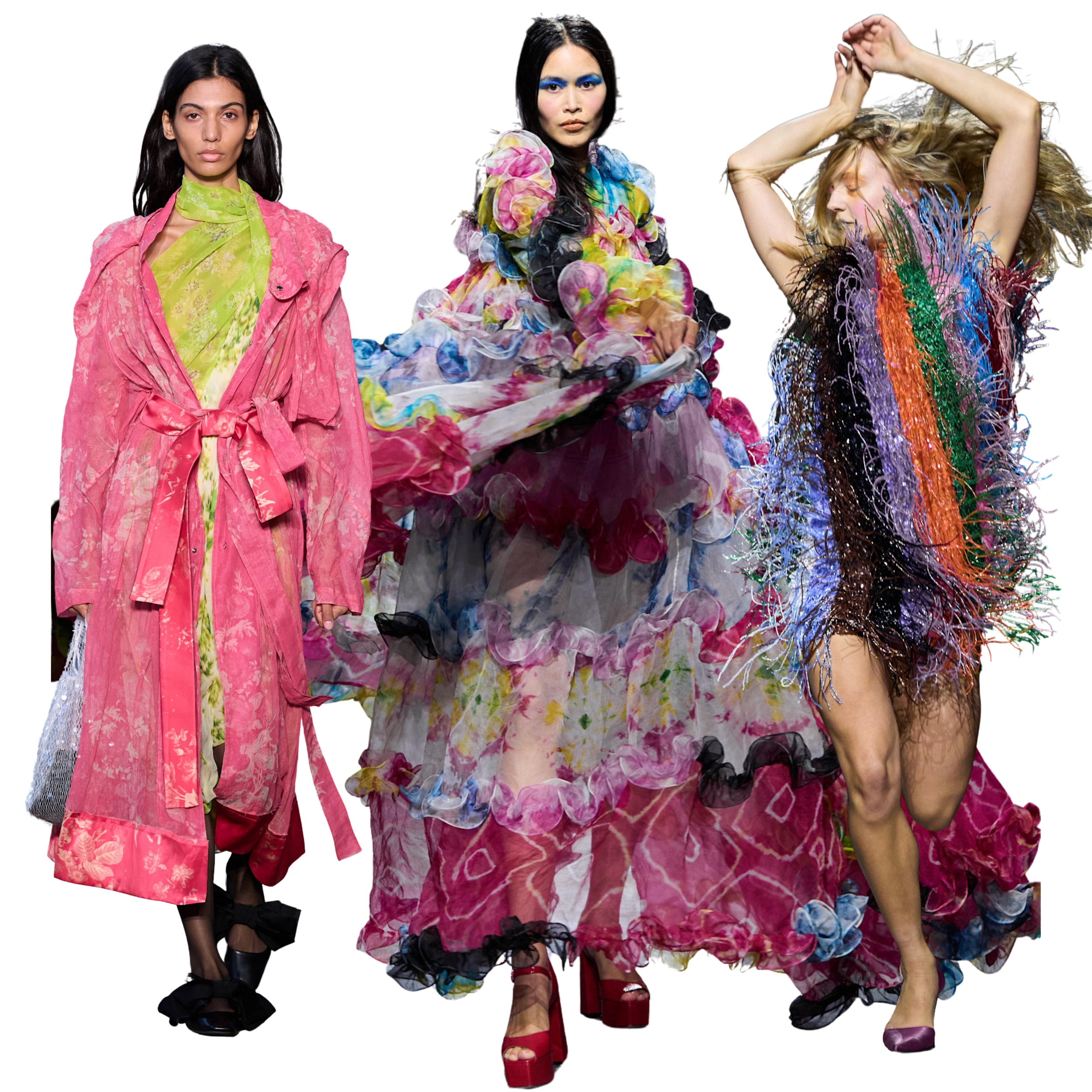 Models dance down the runway in vibrant coloured ensembles
