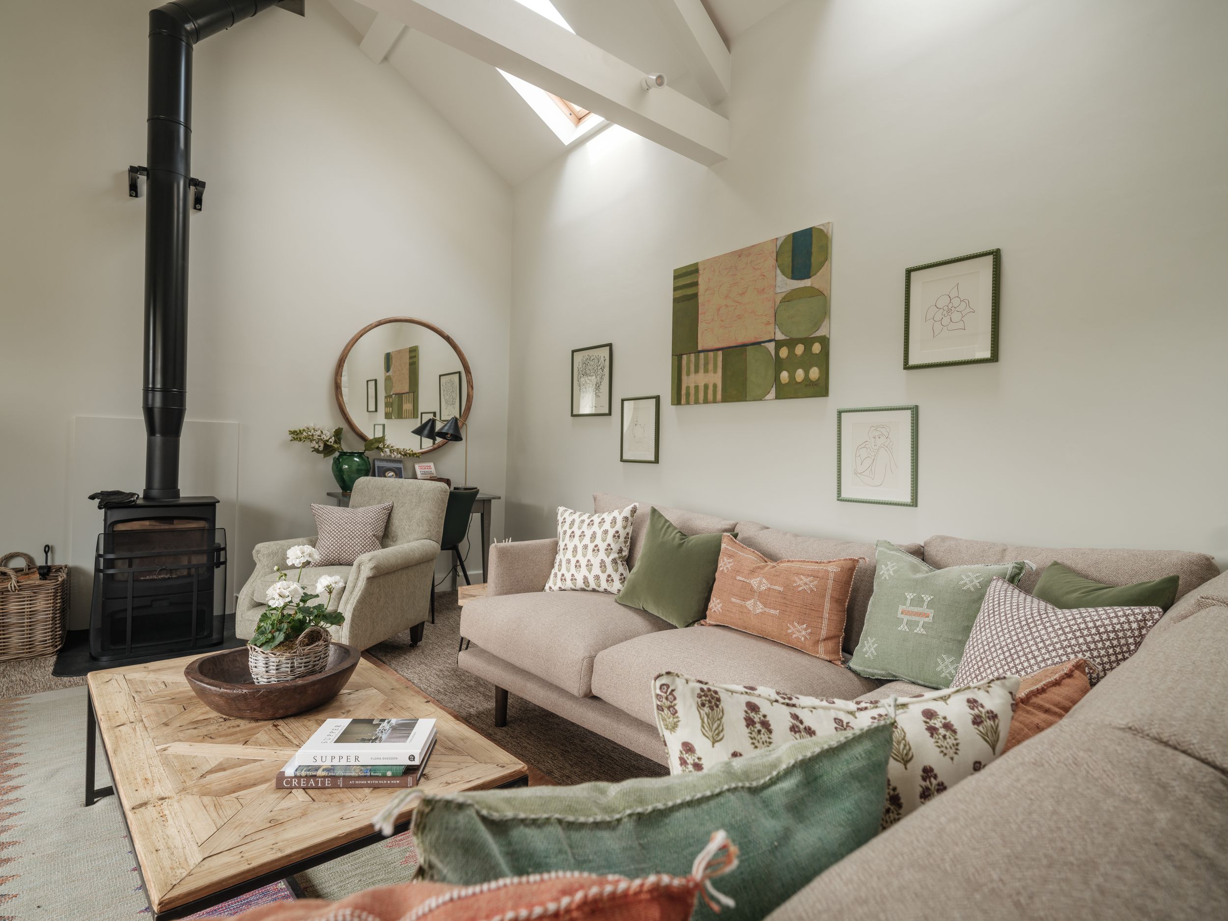 cosy interiors with high ceilings and a log burner