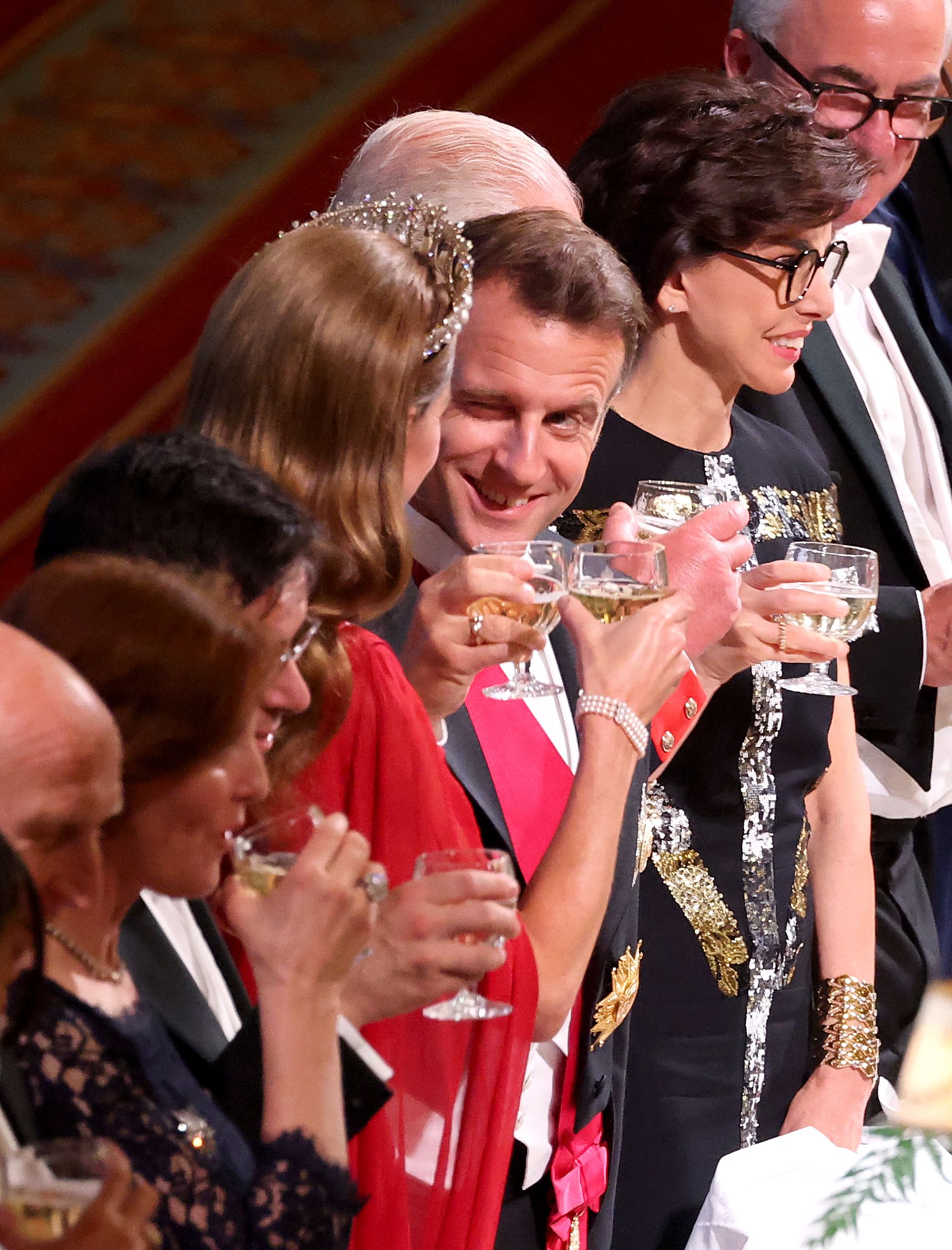 The French president winked at the Princess during a toast at the state banquet in July 2025