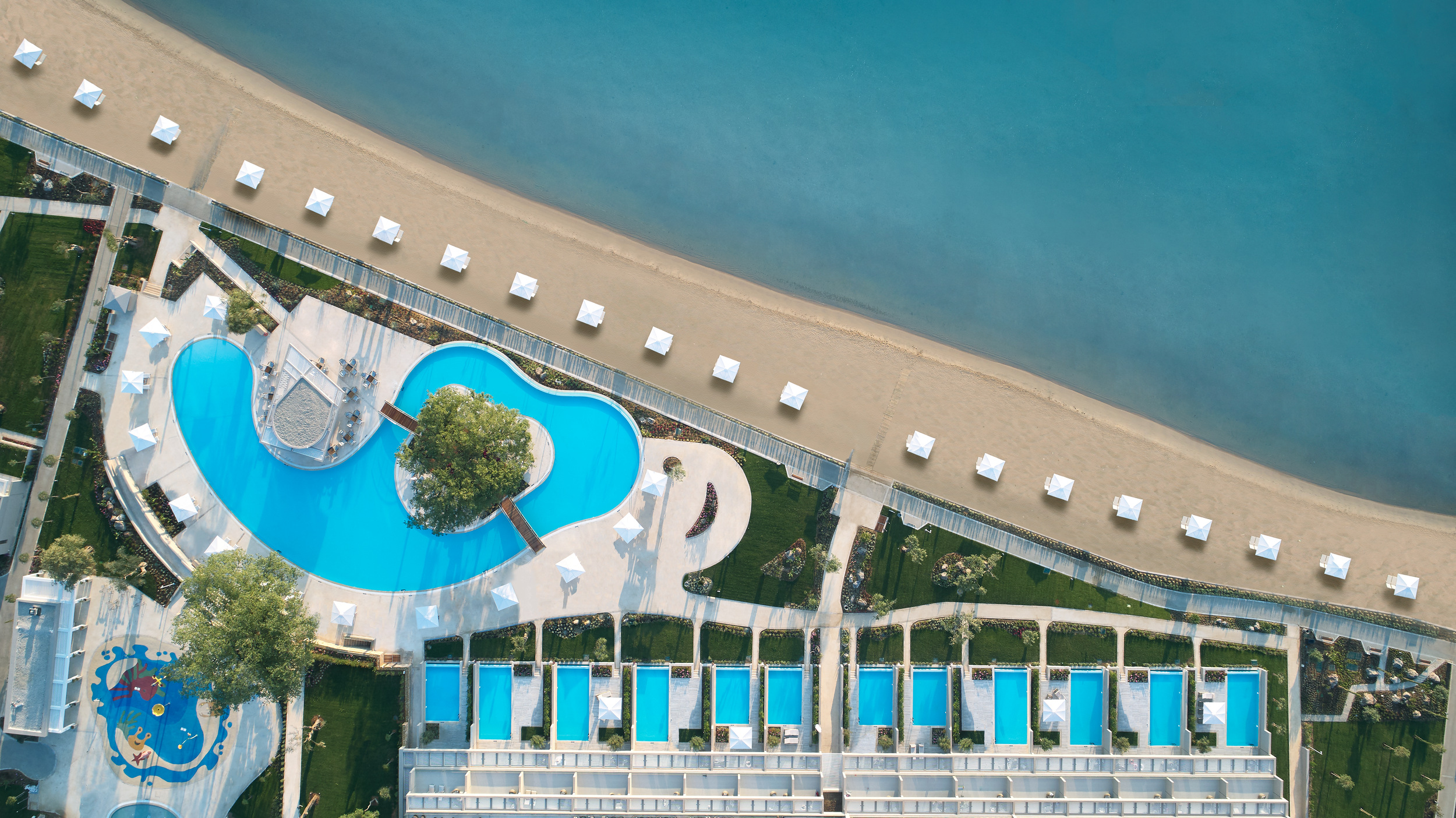 Birds eye view of hotel on the beach with pool and loungers visible