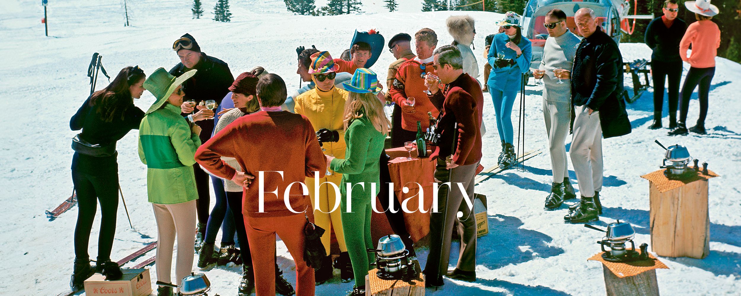 Skiers enjoy a stand-up fondue picnic – with hot food delivered by the helicopter – in the Snowmass resort in Aspen, Colorado in 1967