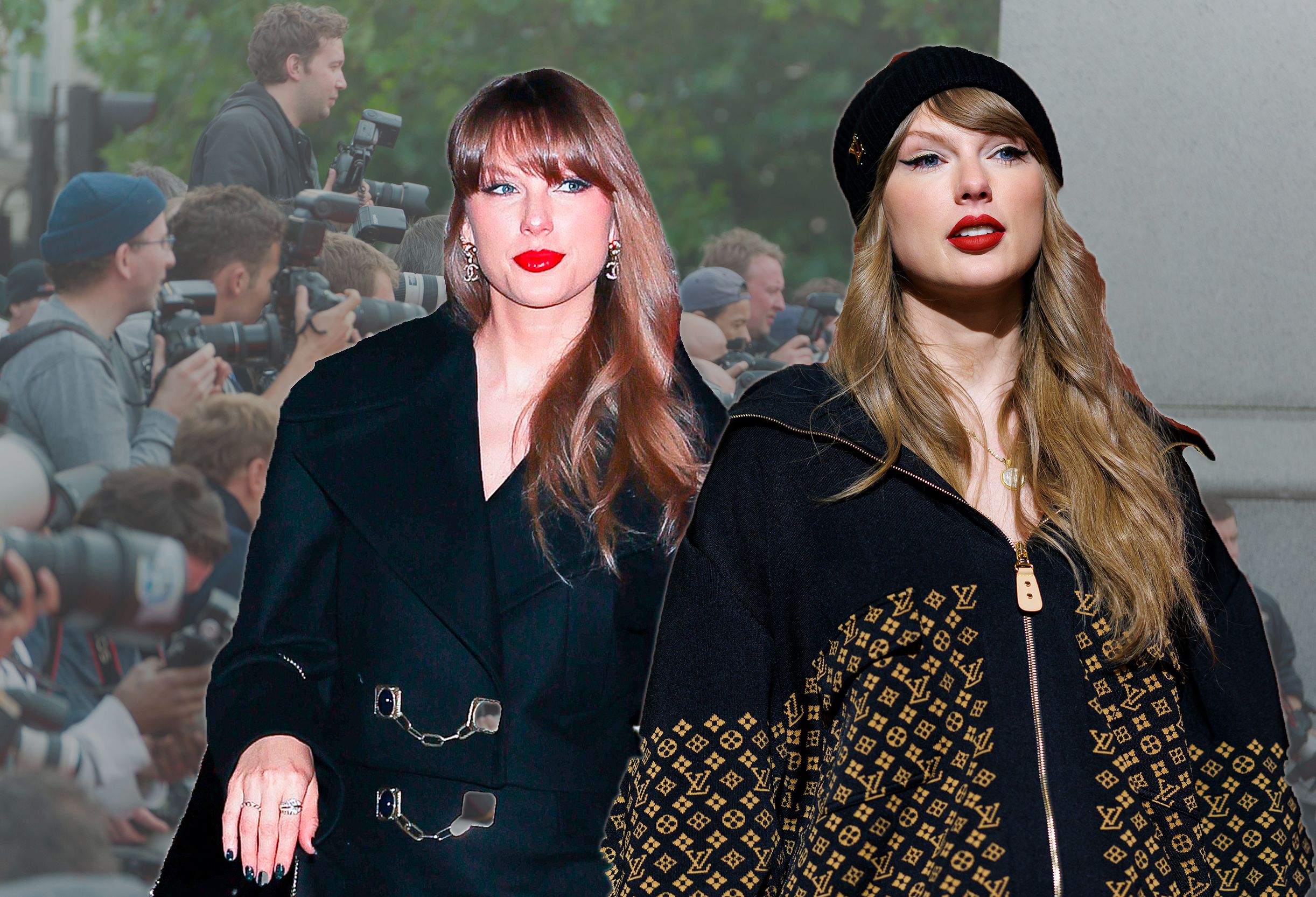 Composite images of paparazzi in the background and two images of Taylor Swift superimposed on top