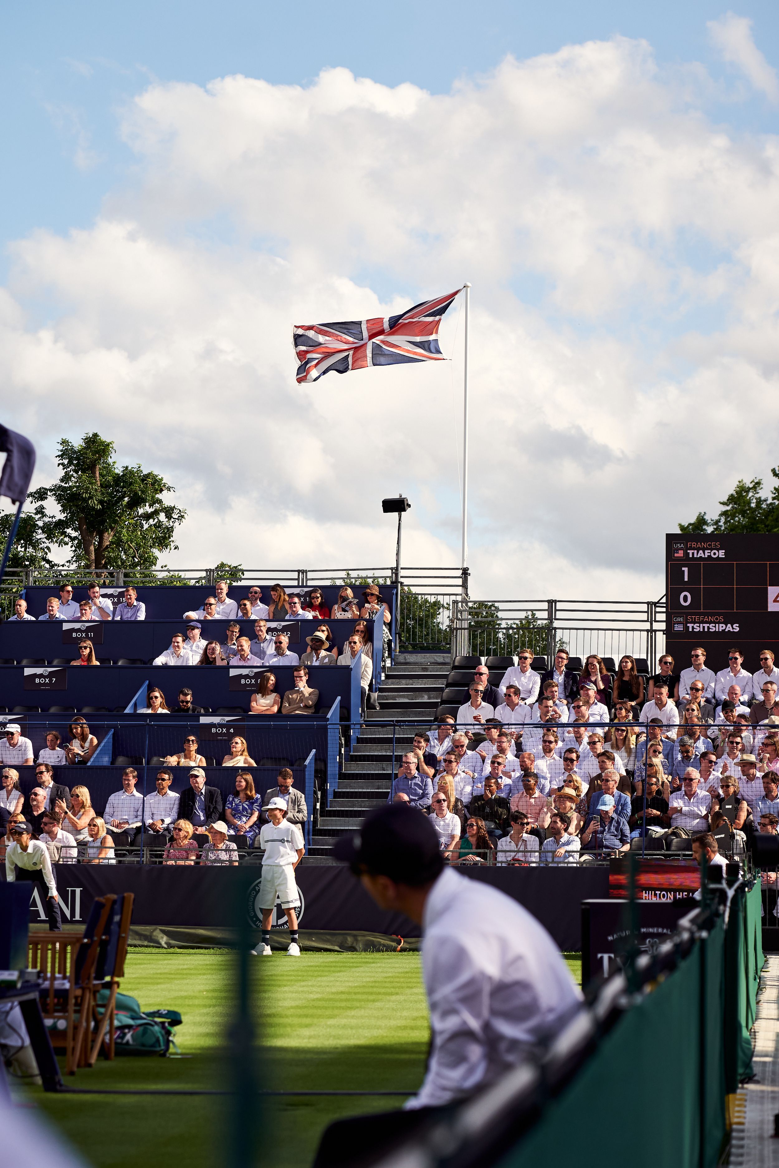 A union flag flies over the tennis court at the Hurlingham Club's GATC