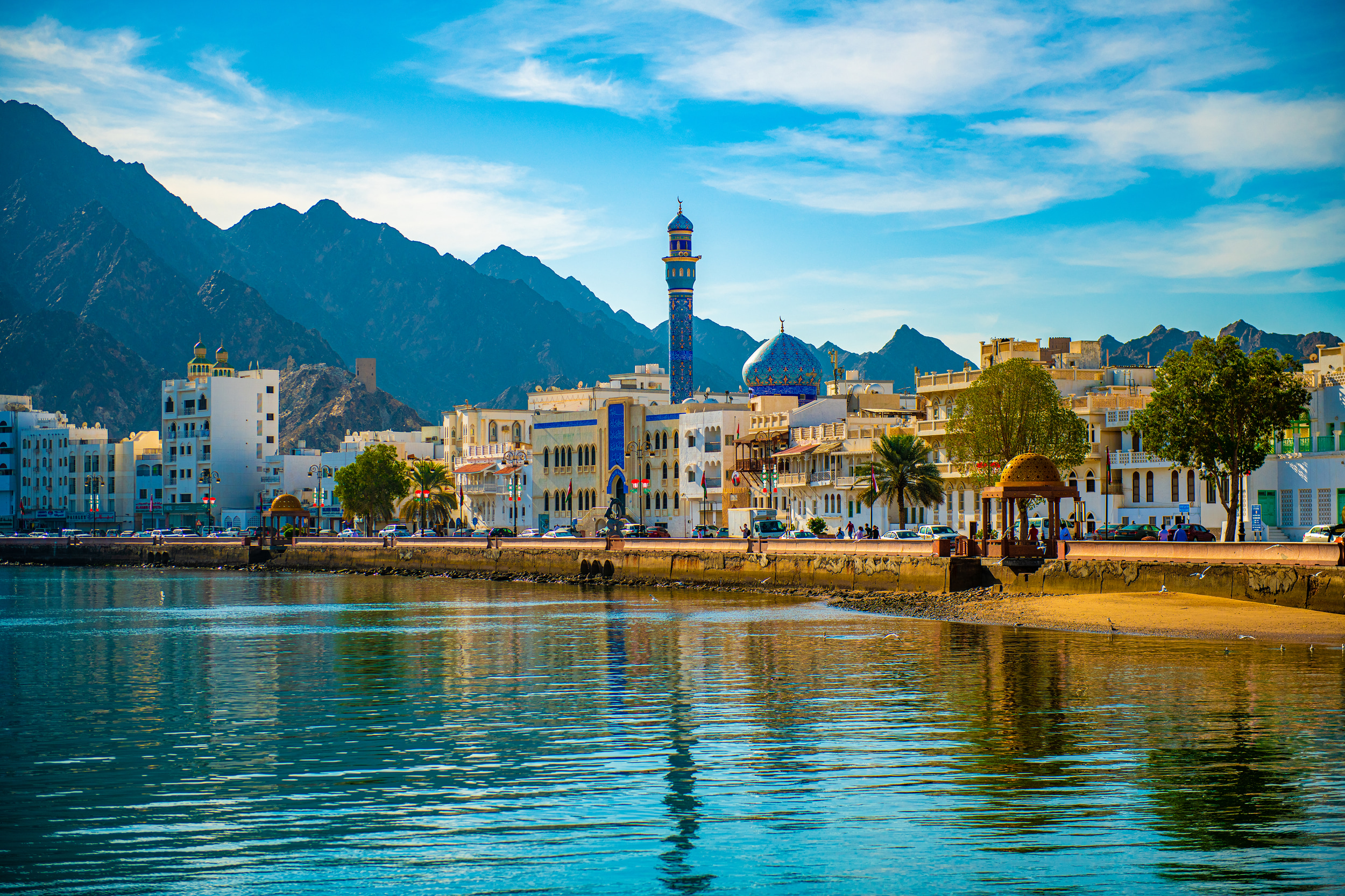 Shot of Oman skyline with water in foreground and mountains in background