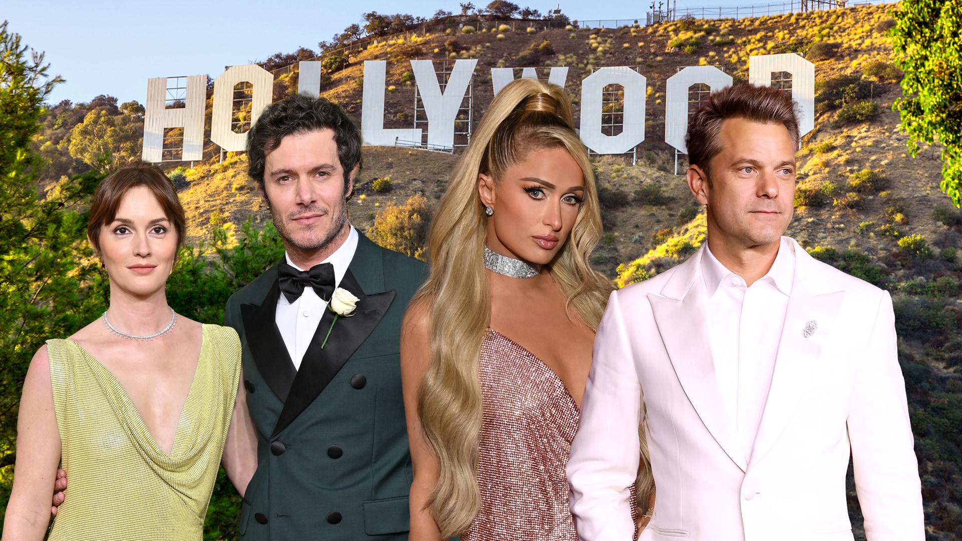creative image showing Leighton Meester, Adam Brody, Paris Hilton and Joshua Jackson placed in front of Hollywood sign in LA