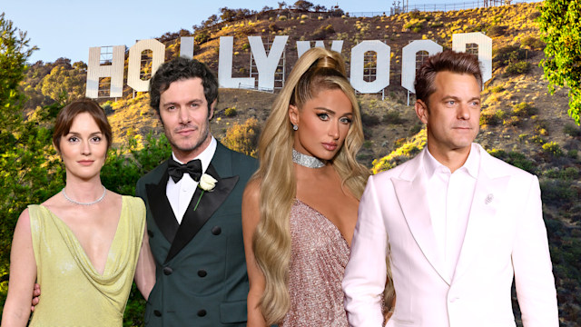 creative image showing Leighton Meester, Adam Brody, Paris Hilton and Joshua Jackson placed in front of Hollywood sign in LA