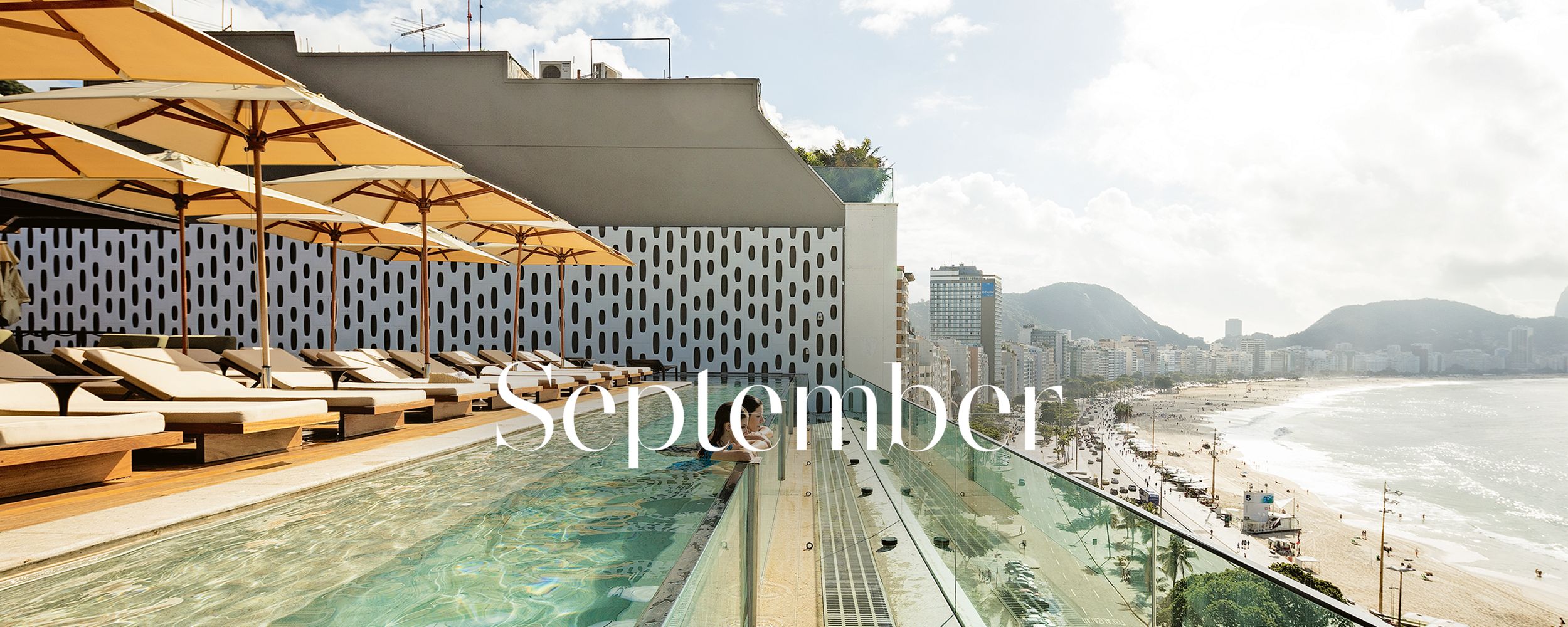 A rooftop pool at a hotel overlooking Copacabana Beach in Rio de Janeiro, Brazil