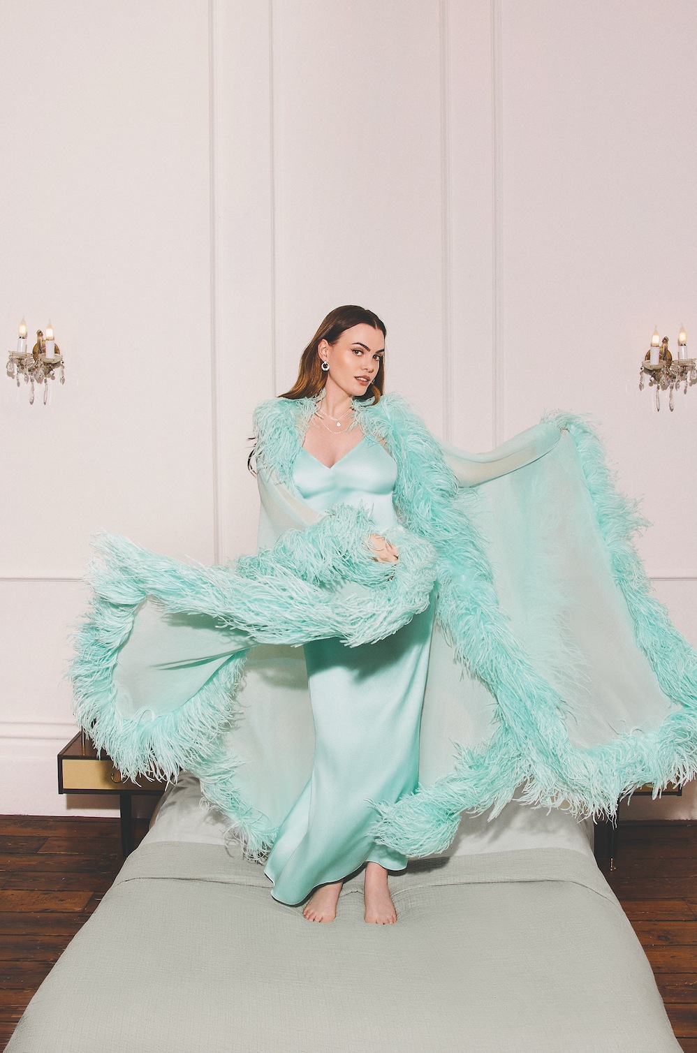 Robe (with slip dress), £4,900, Taller Marmo, Earrings, £270,Necklaces, (top) £135, (bottom) £120, Rings, (right hand) £180, (left hand) £135, all Thomas Sabo