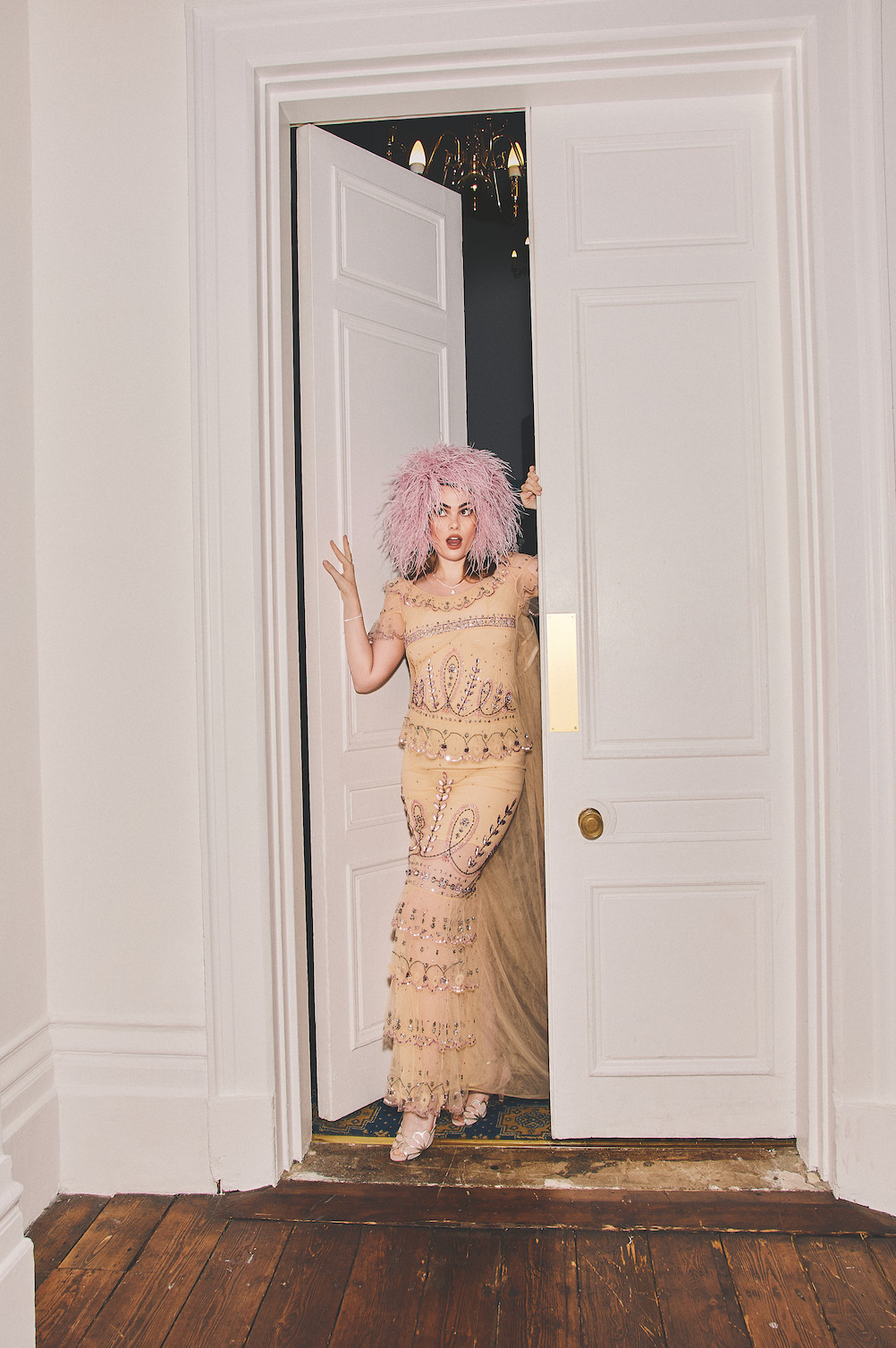 Dress, £5,295, Headpiece, POA, both Huishan Zhang, Shoes, £185, Rachel Simpson, Necklace, £135, Bracelet, £100, both Thomas Sabo
