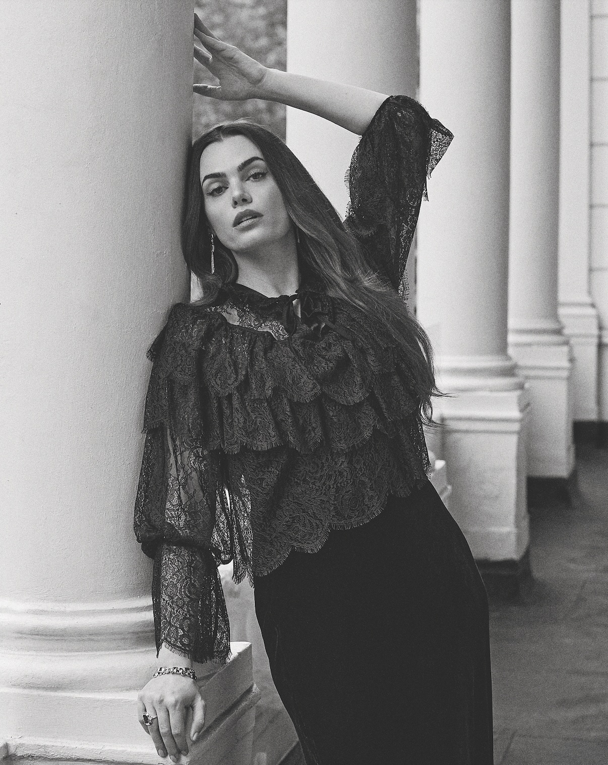 Dress, £475, Top, £345, both Rixo, Shoes, £645, Giuseppe Zanotti, Earrings, £360, Bracelets, (top) £630, (bottom) £630, Ring, £250, all Thomas Sabo