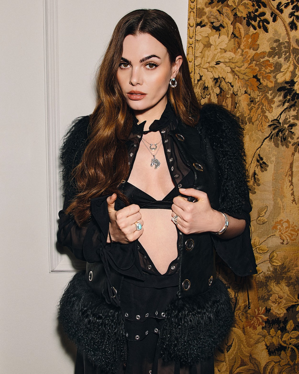 Dress, POA, Blumarine, Vest, £275, Charlotte Simone, Shoes, £635, Aquazzura, Earrings, £270, Necklaces, (top) £225, (bottom) £450, Bangle, £630, Rings, (right hand) £180, (left hand) £135, all Thomas Sabo