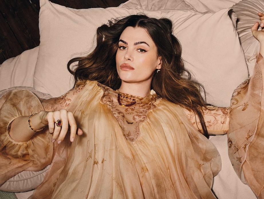 Dress, £2,500, Zimmermann Earrings, £250, Necklaces, (top) £1,080, (bottom) £450, Bracelet, £630, Ring, £250, all Thomas Sabo