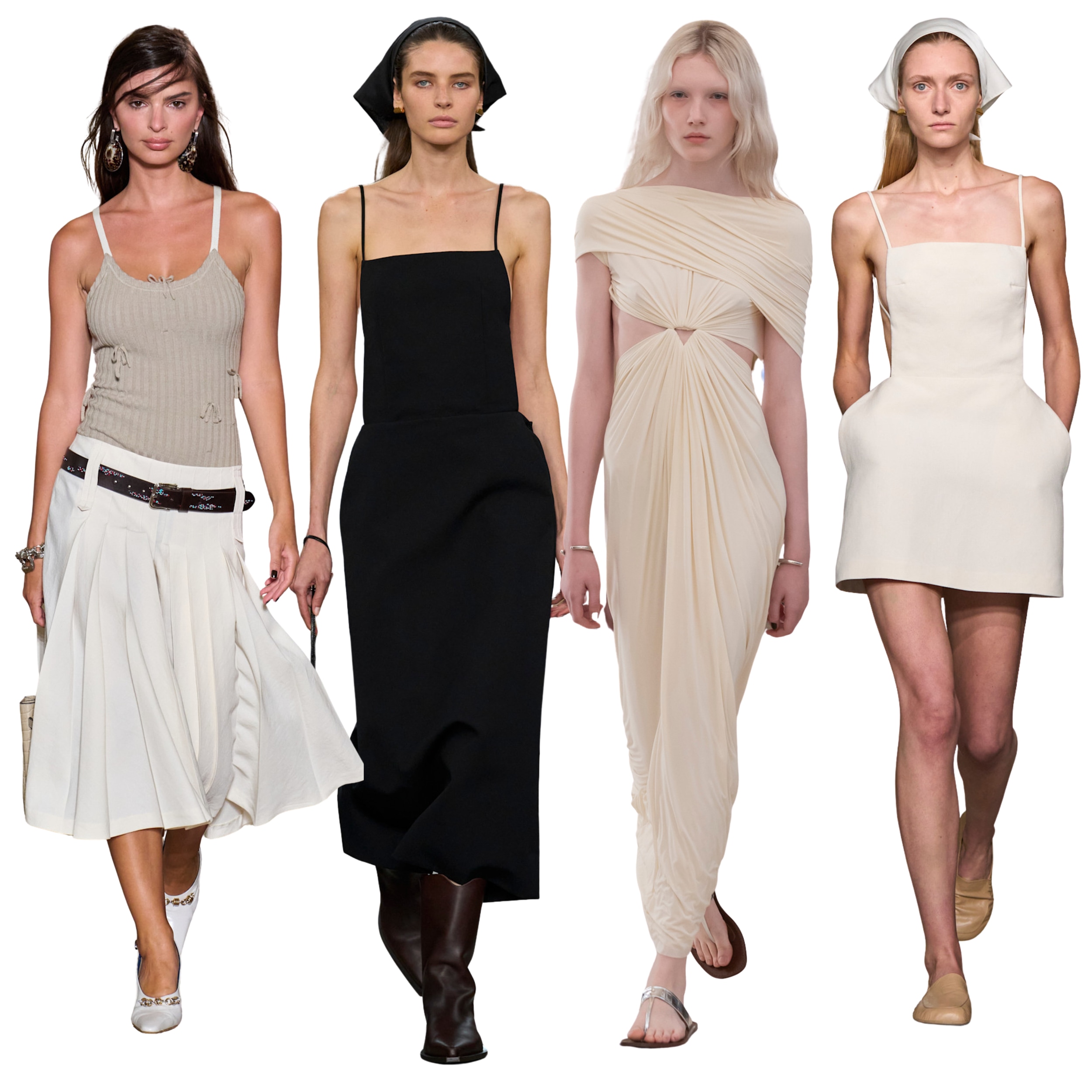 Models in minimal white, black and cream ensembles walk down the runway