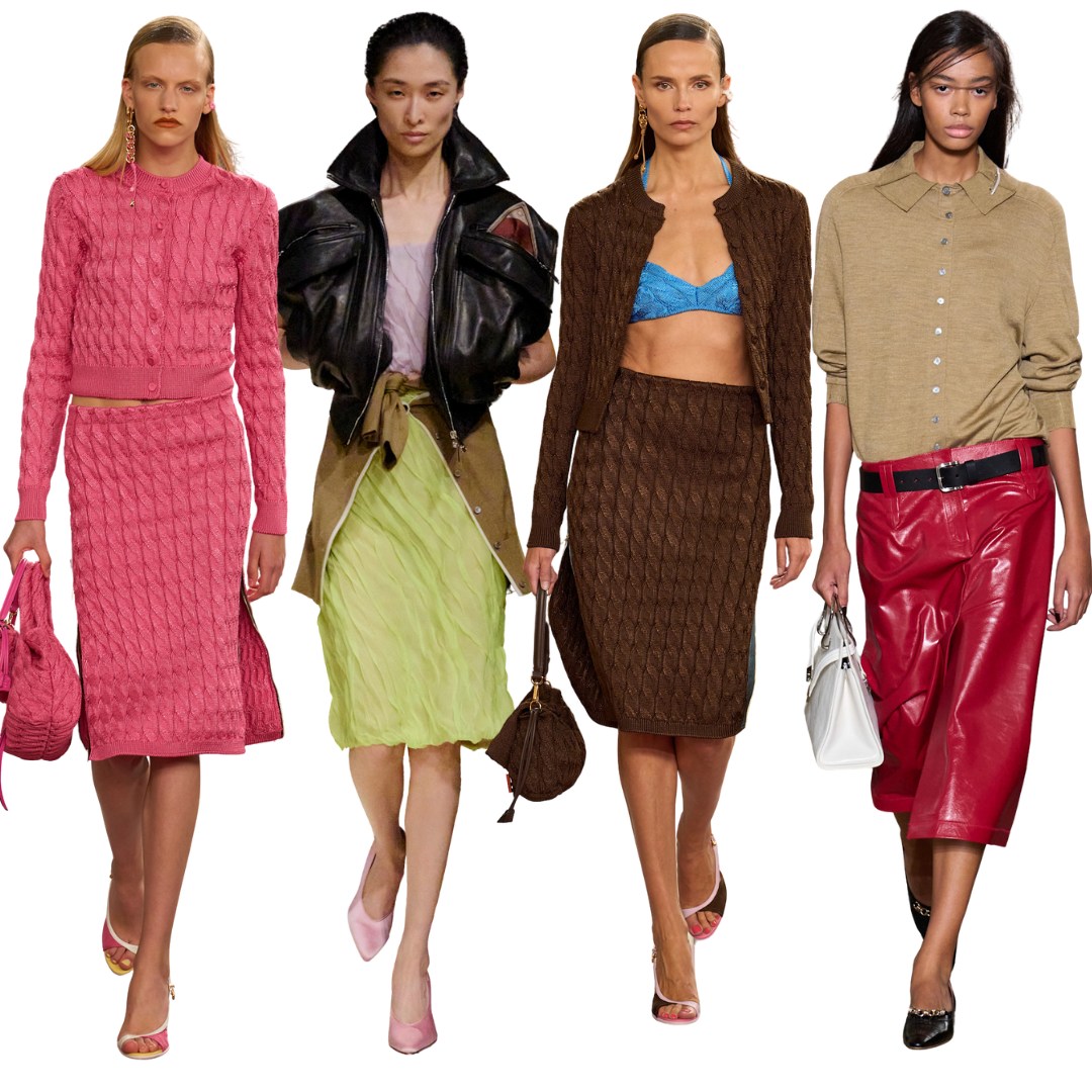 Models wearing pencil skirts in shades of pink, lime, brown and red walk down the runway. 