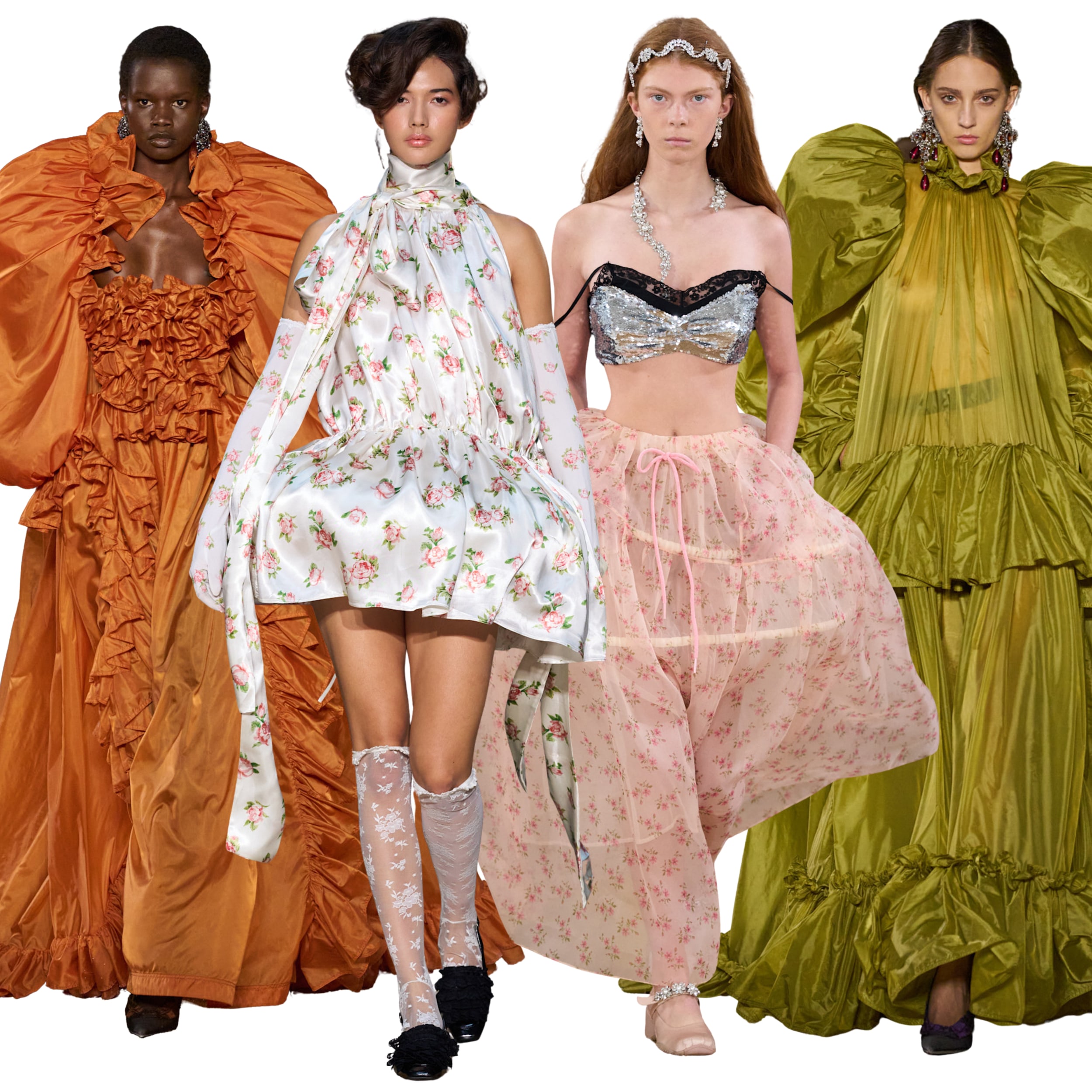 Models wearing very wide skirts and dresses walk down the runway