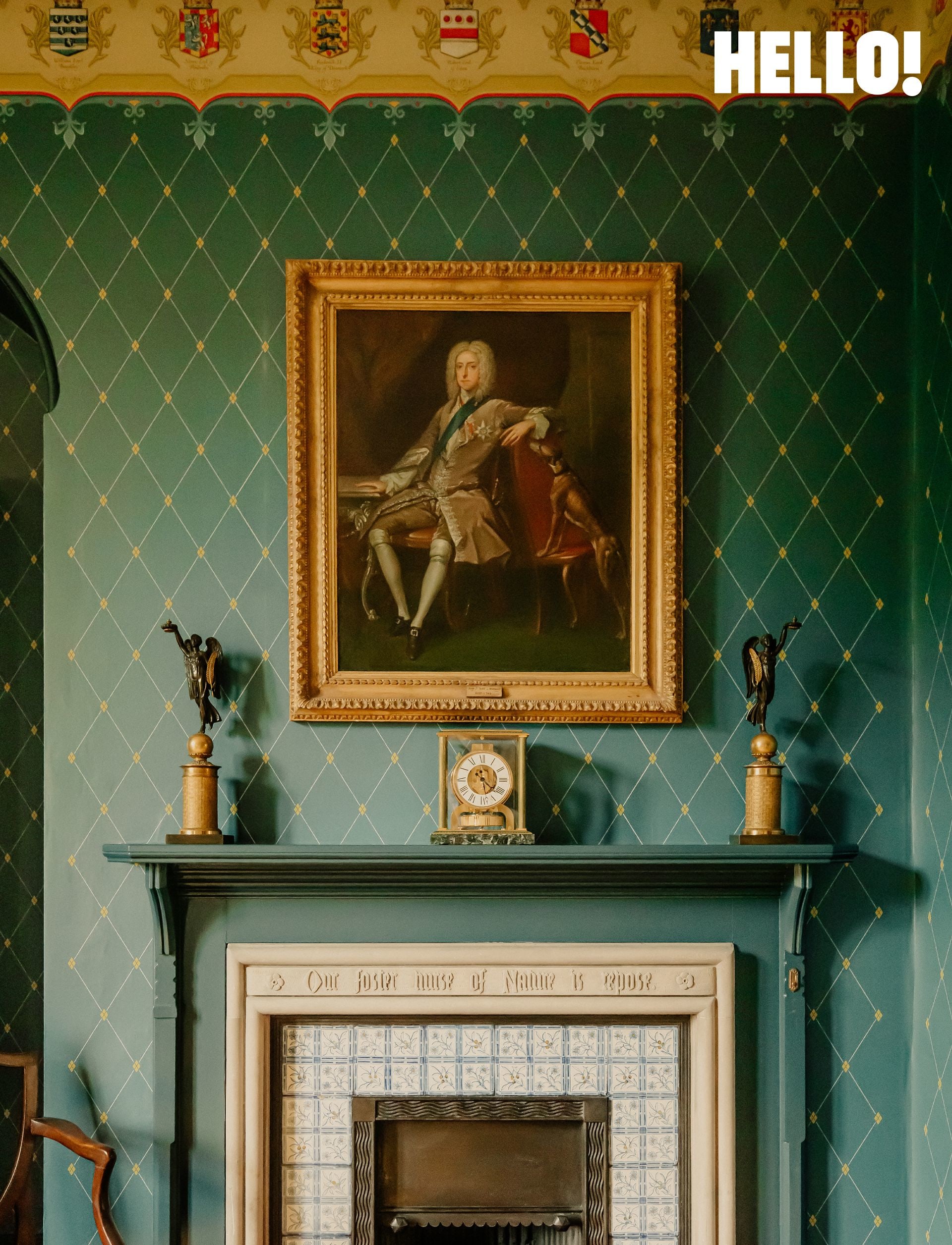 The frieze and fireplace in the Heraldry room 