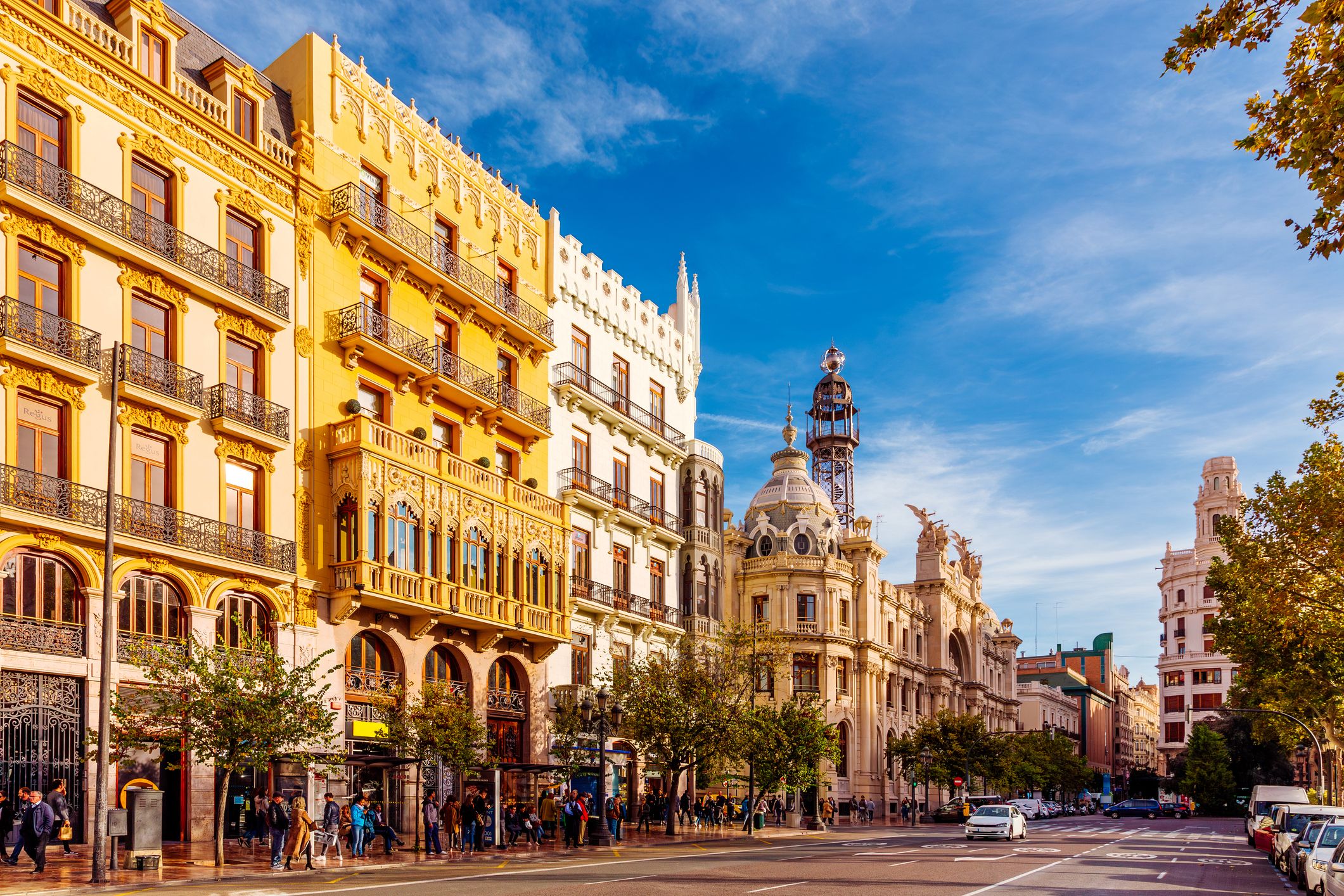 Plaza del Ayuntamiento square with historic buildings on a sunny day, Valencia, Spain