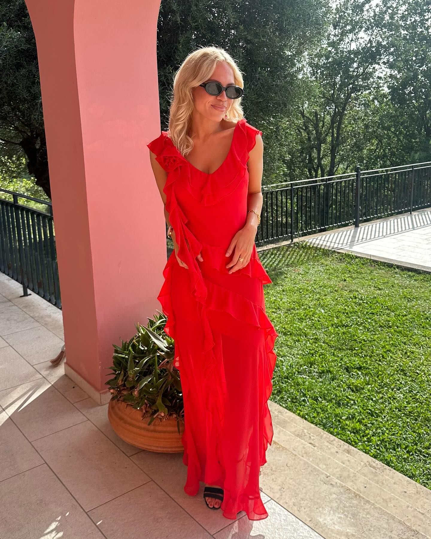 This sleeveless chiffon dress was perfect for a wedding-eve party in Greece