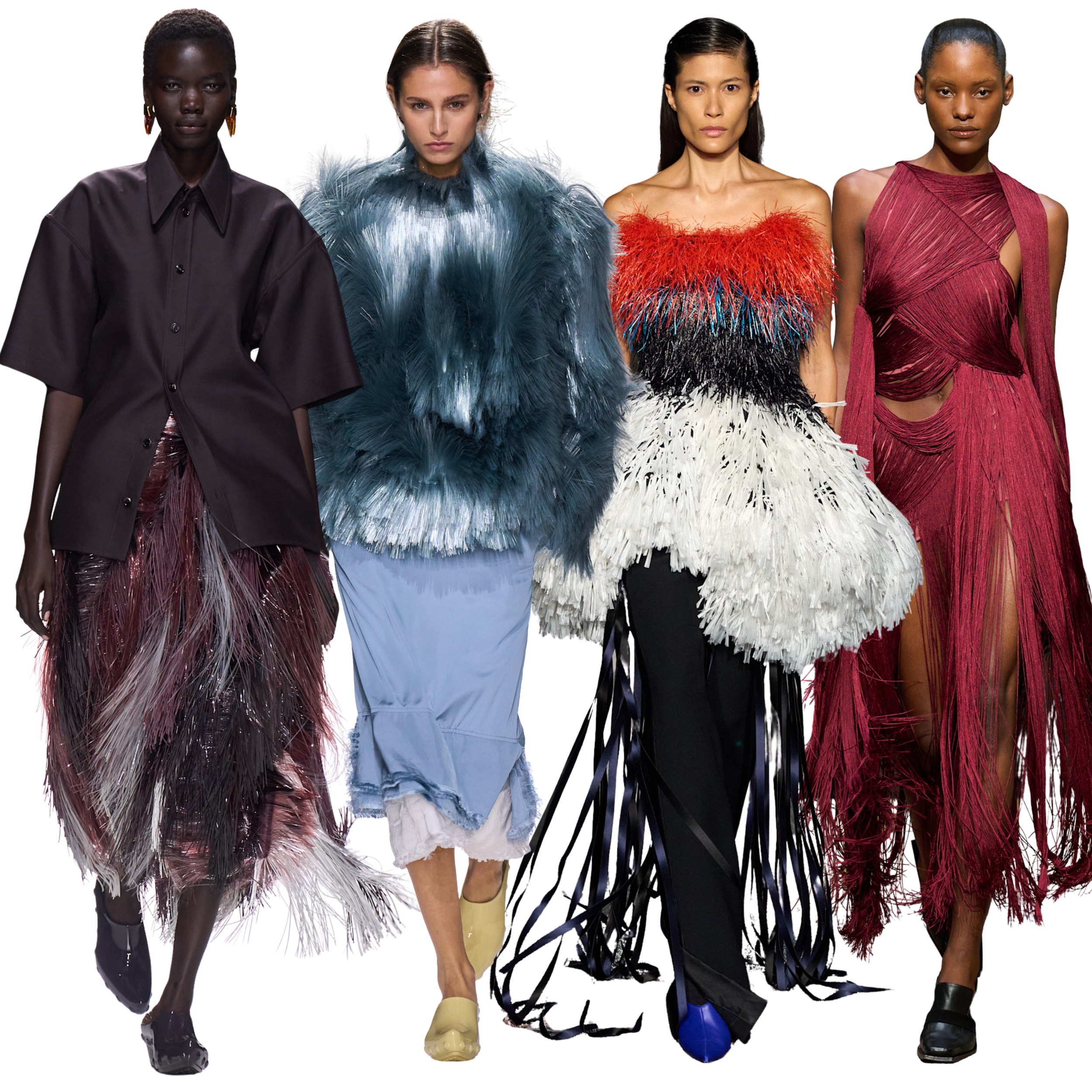 Models wear fringed ensembles in varying shades of blue, oxblood and red as they walk down the runway