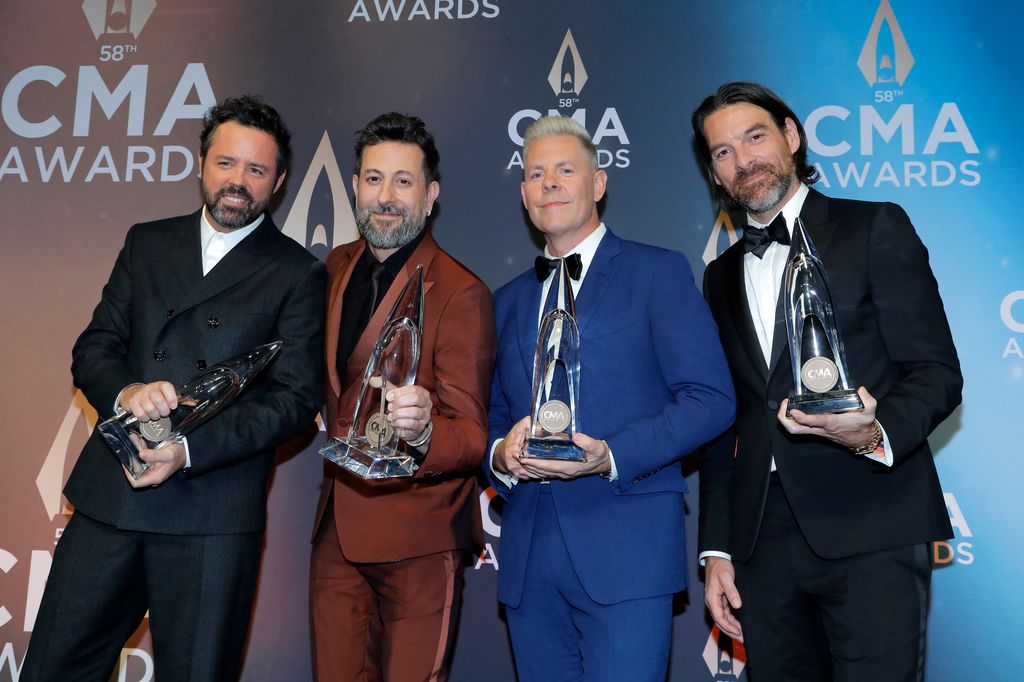 Brad Tursi, Matthew Ramsey, Trevor Rosen and Geoff Sprung of Old Dominion, winners of the Vocal Group of the Year award, pose in the press room during The 58th Annual CMA Awards at Bridgestone Arena on November 20, 2024