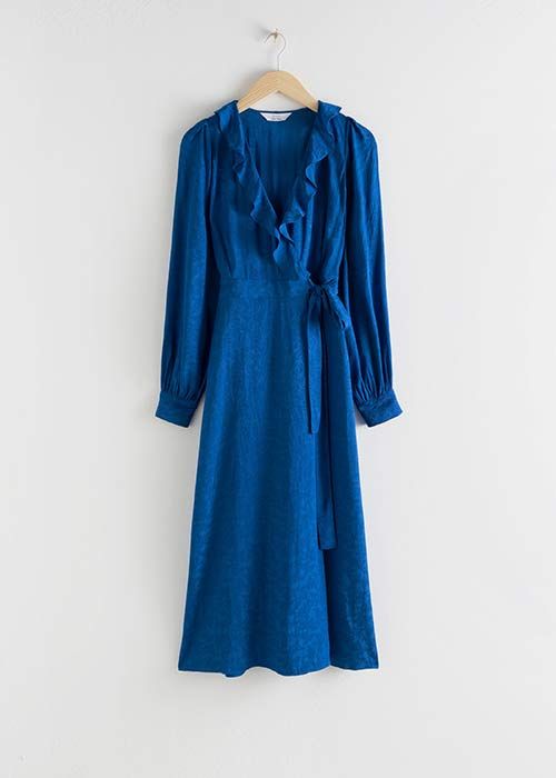 other stories blue jacquard dress ruffled