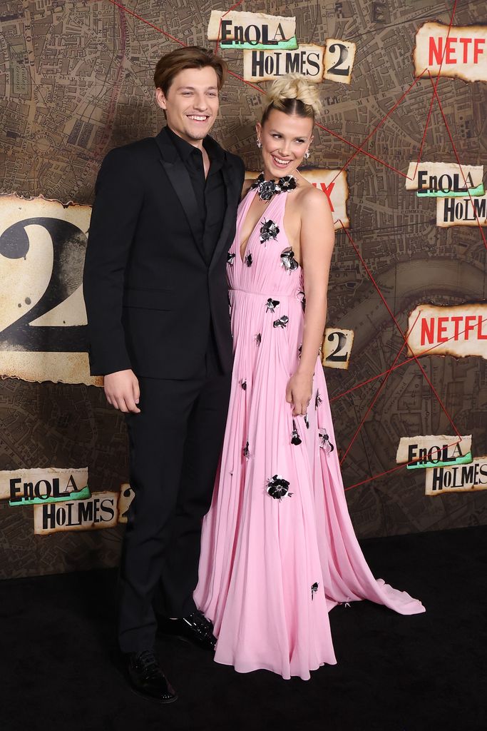 Jake Bongiovi and Millie Bobby Brown attend the world premiere of Netflix's "Enola Holmes 2" at The Paris Theatre on October 27, 2022 in New York City. 