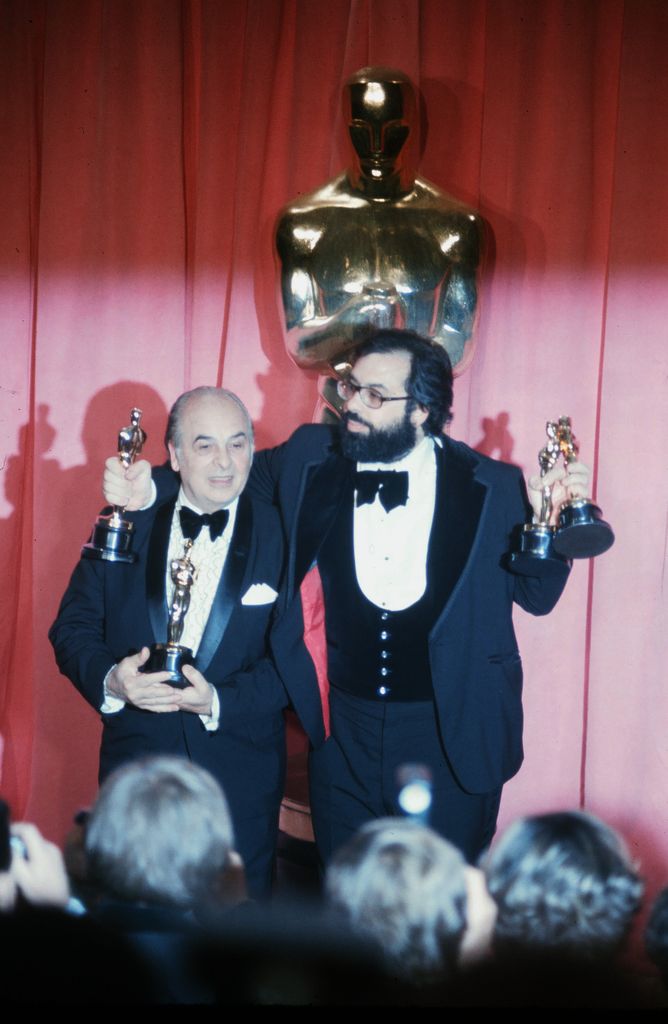 Director Francis Ford Coppola with his father Carmine pose backstage with his Oscar after winning  "Best Director" and "Best Picture" award during the 47th Academy Awards at Dorothy Chandler Pavilion in Los Angeles,California.