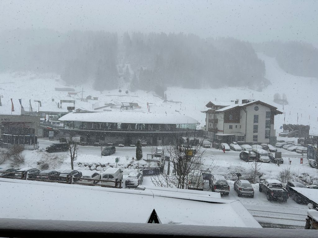 Leogang in Austria snowy hotel view
