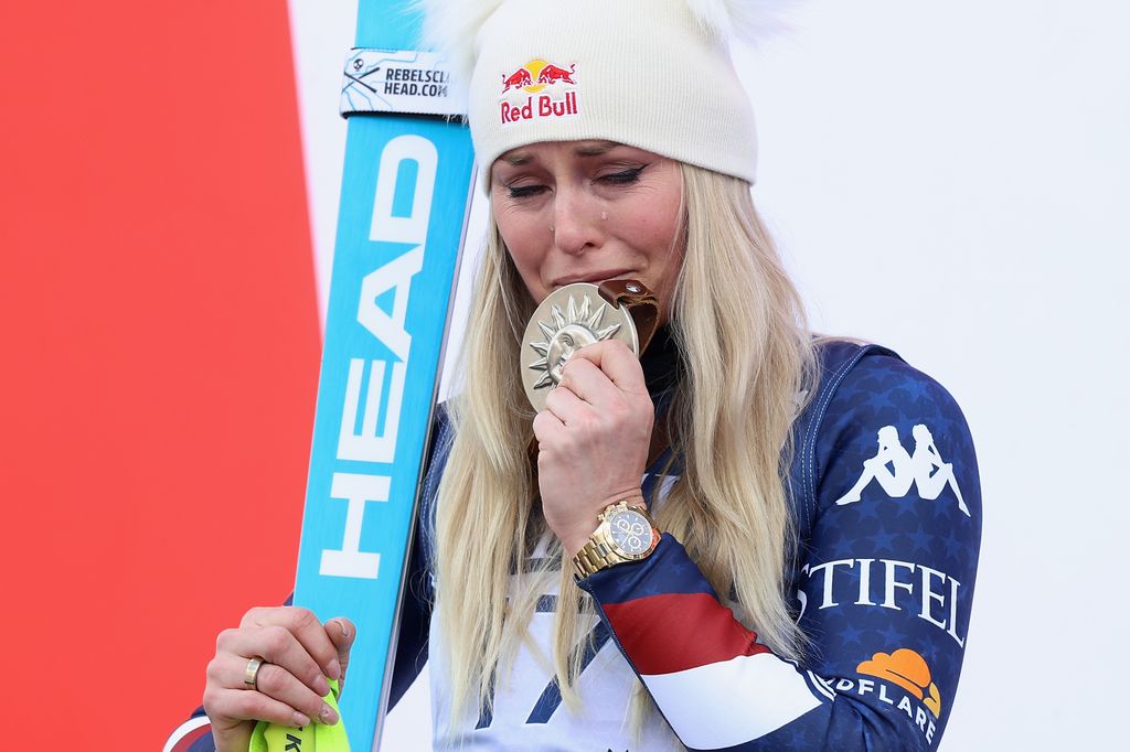 Lindsey Vonn of Team United States celebrates second place on the podium in the women's Super-G during the STIFEL FIS World Cup Finals at Sun Valley Resort on March 23, 2025