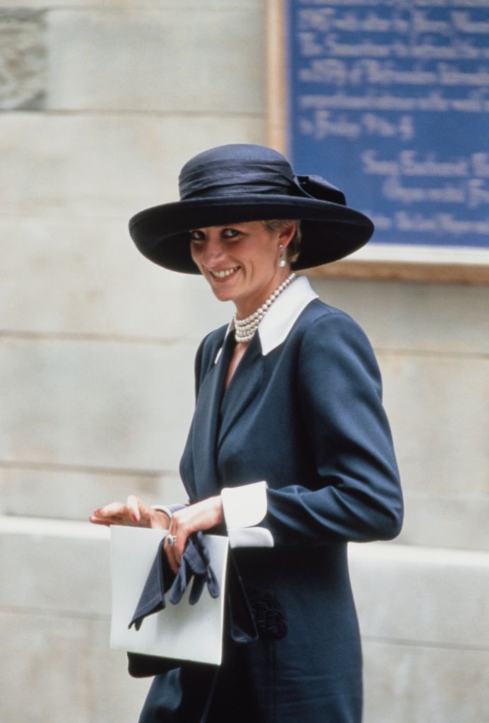 Diana, Princess of Wales wearing a Stephen Jones hat to the wedding of Lady Sarah Armstrong-Jones and Daniel Chatto in 1994