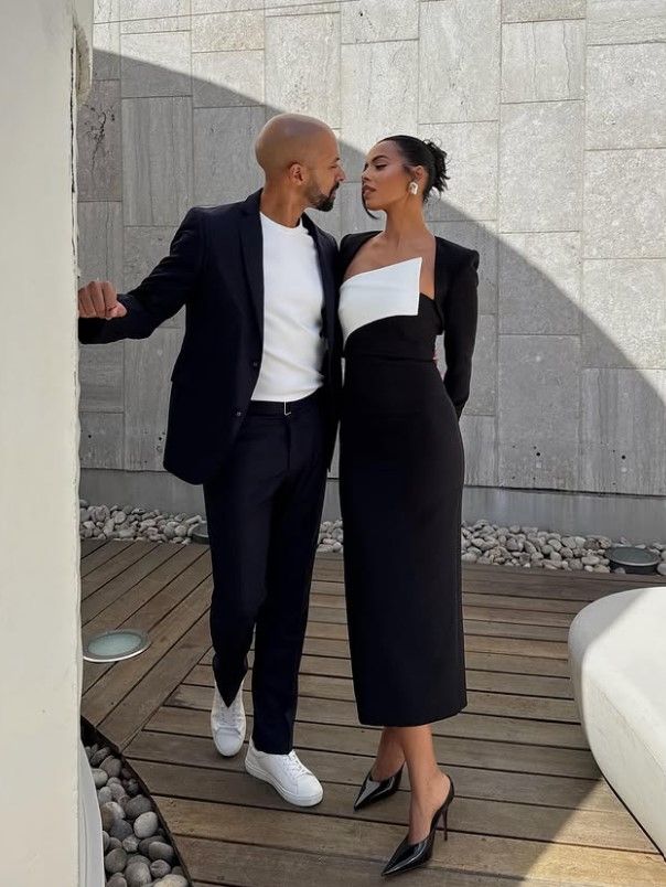 Rochelle Humes and husband Marvin Humes wearing coordinating black and white outfits