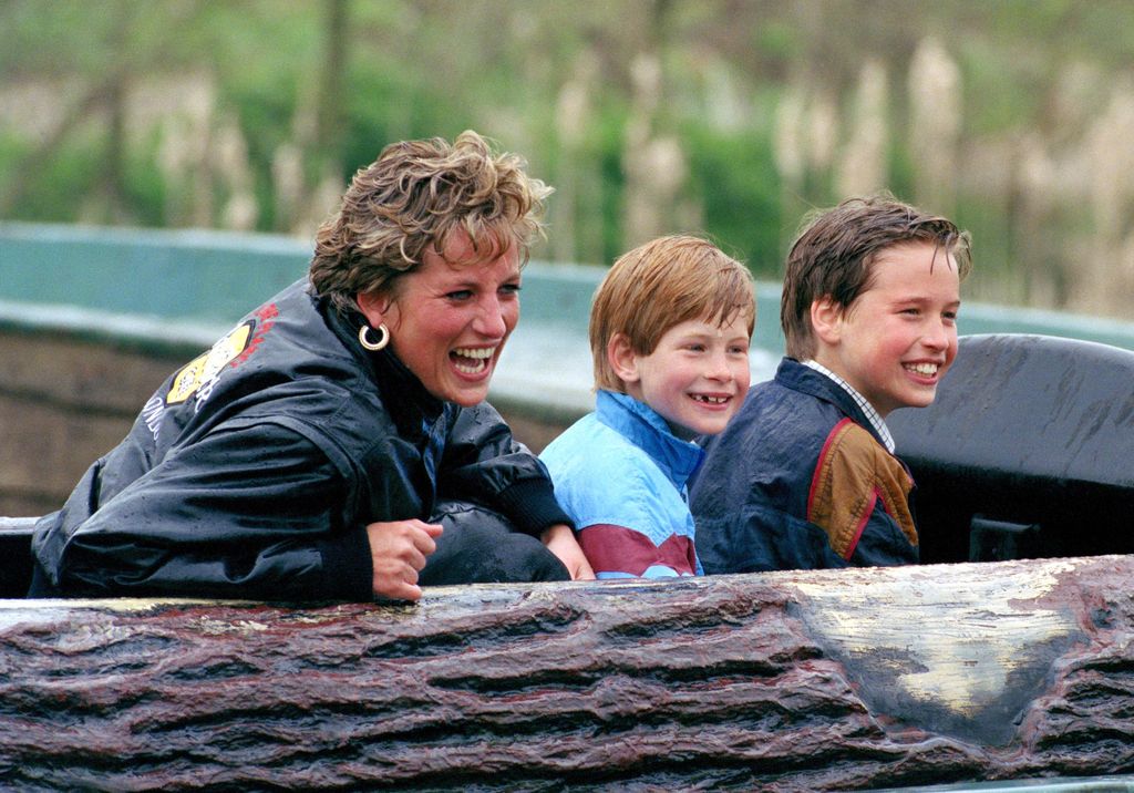 Diana, William and Harry giggling after riding the log flume at Thorpe Park