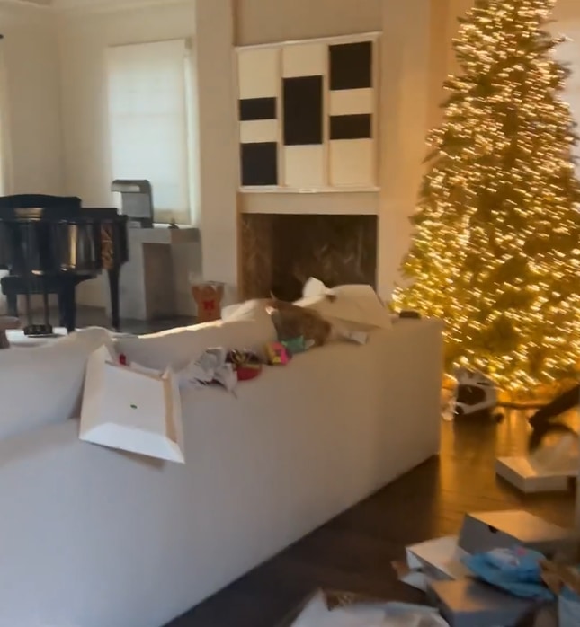 room with sofa, christmas tree, boxes on floor