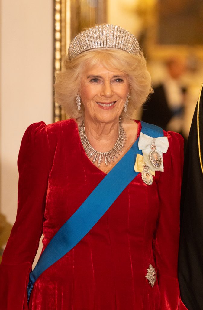 Queen Camilla attends the state banquet for the Emir of Qatar Sheikh Tamim bin Hamad Al Thani at Buckingham Palace during day one of The Amir of the State of Qatar's visit to the United Kingdom on December 3, 2024 in London, England. His Highness Sheikh Tamim bin Hamad Al Thani, Amir of the State of Qatar, accompanied by Her Highness Sheikha Jawaher bint Hamad bin Suhaim Al Thani, will hold several engagements with The Prince and Princess of Wales, The King and Queen as well as political figures. 