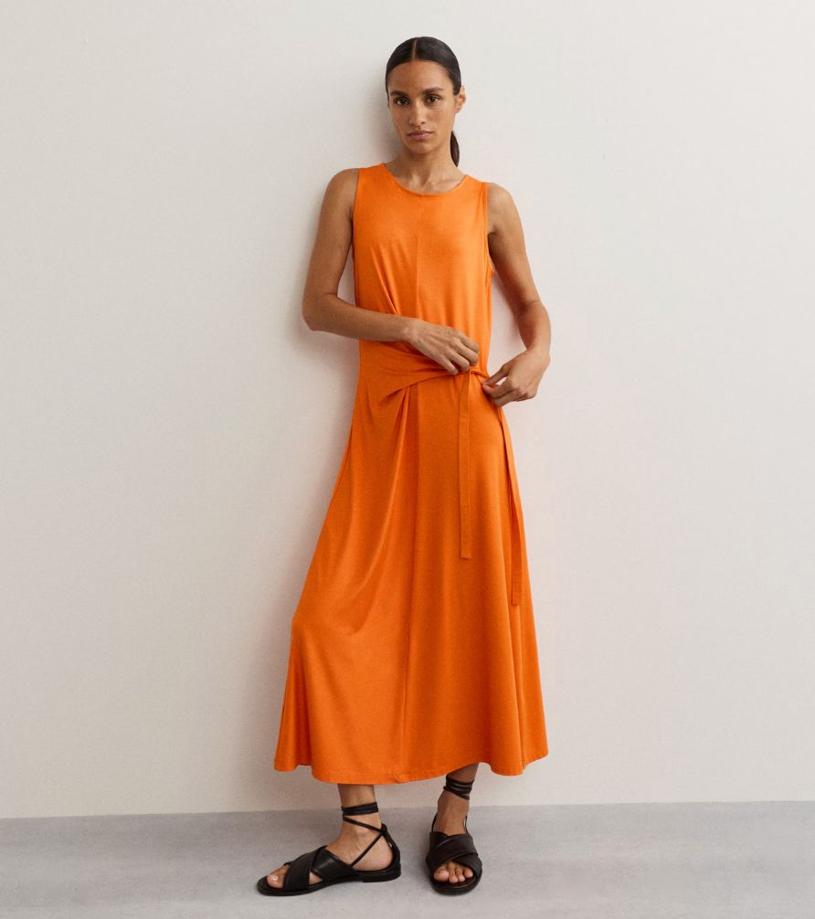 M&S orange Jersey Tie Waist Midi Waisted Dress