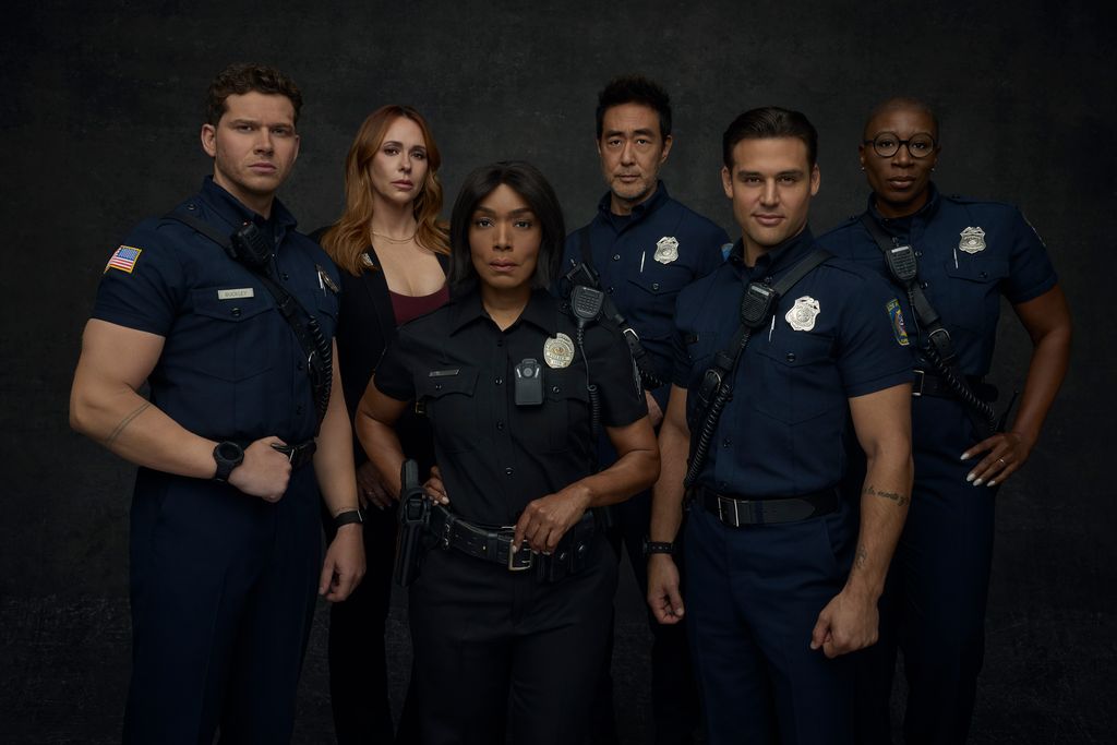 9-1-1 stars Oliver Stark as Buck, Jennifer Love Hewitt as Maddie, Angela Bassett as Athena, Kenneth Choi as Chimney, Ryan Guzman as Eddie, and Aisha Hinds as Hen